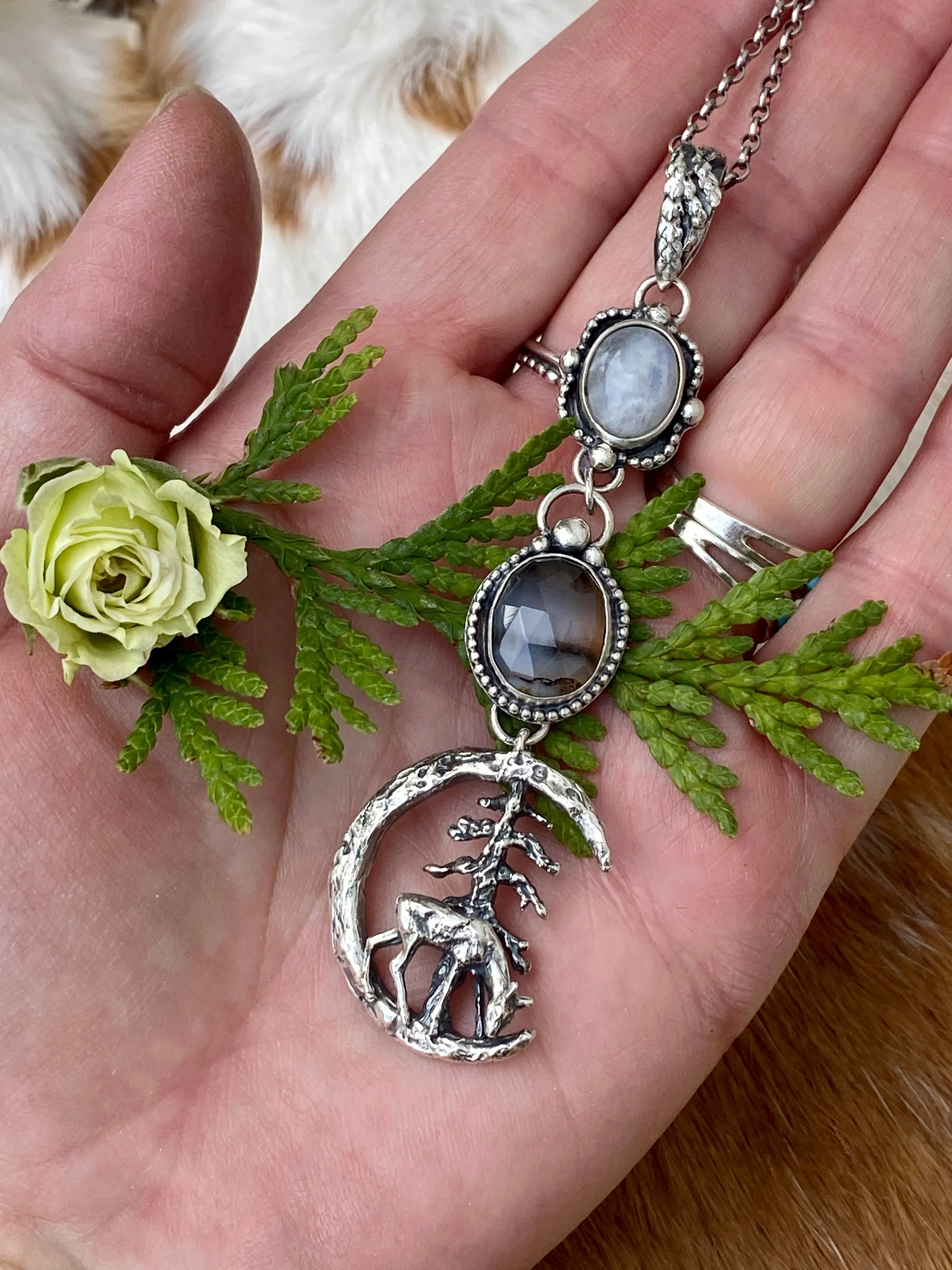 After midnight in the Pines, Deer, moonstone and Montana agate sterling silver necklace
