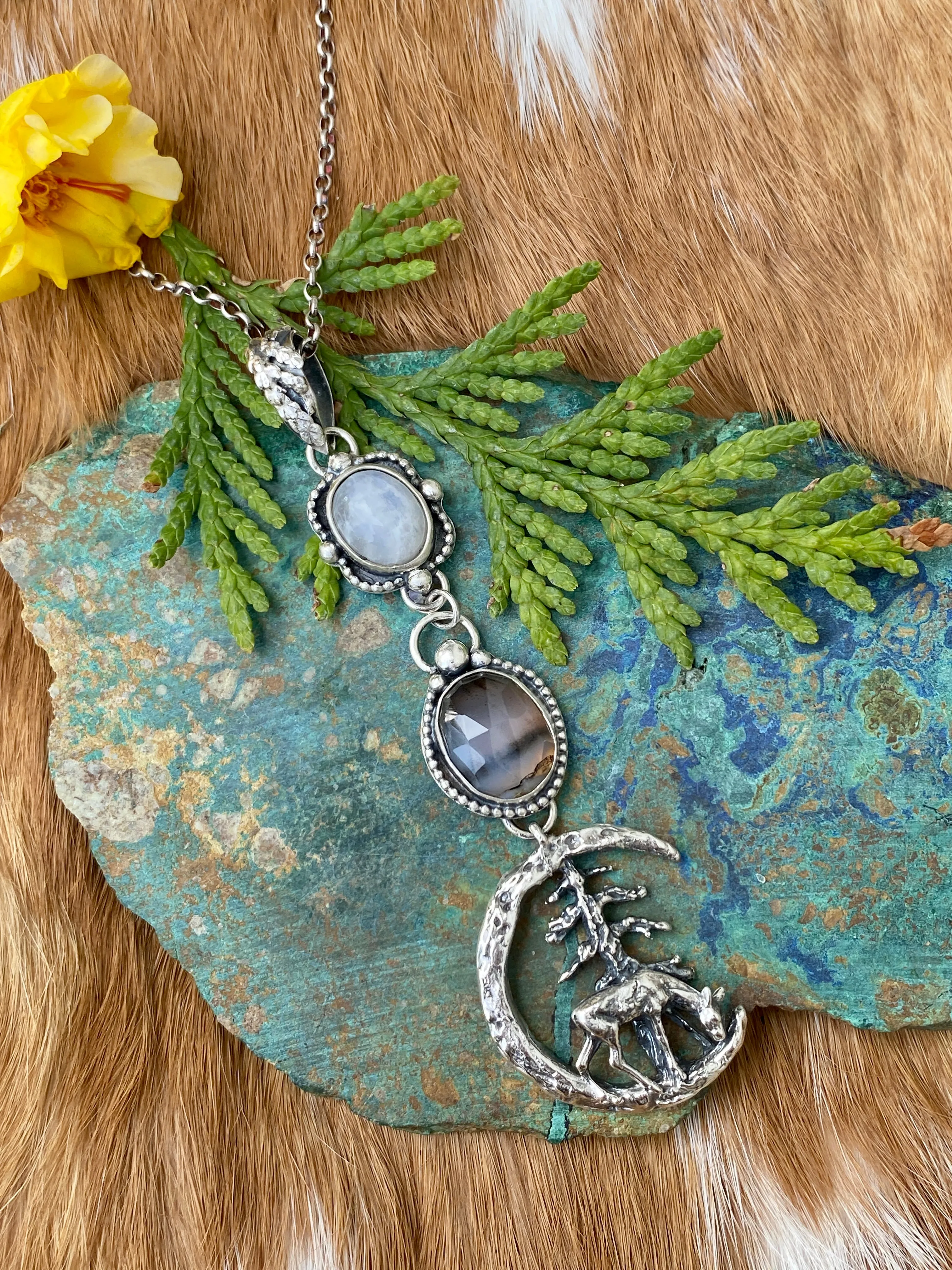 After midnight in the Pines, Deer, moonstone and Montana agate sterling silver necklace