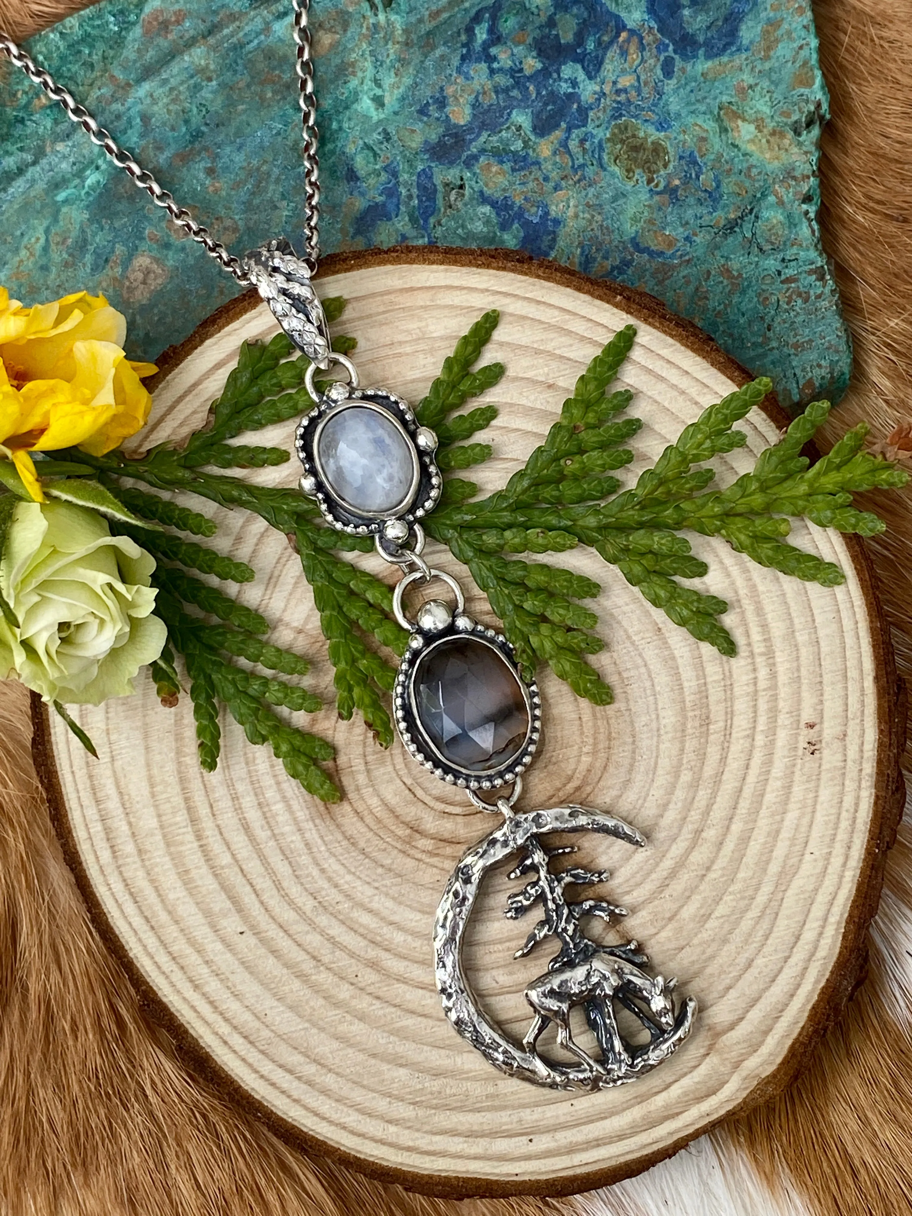 After midnight in the Pines, Deer, moonstone and Montana agate sterling silver necklace