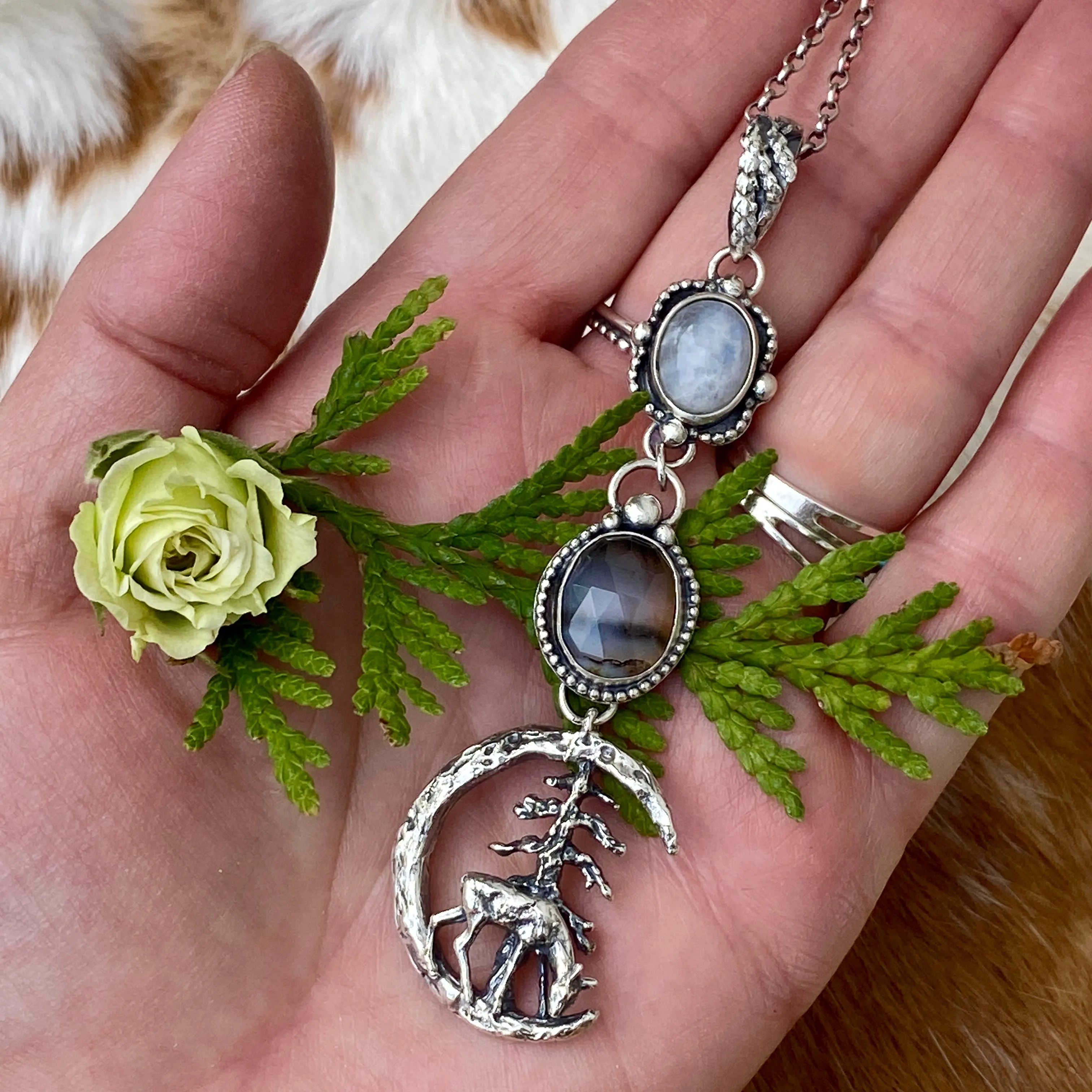 After midnight in the Pines, Deer, moonstone and Montana agate sterling silver necklace