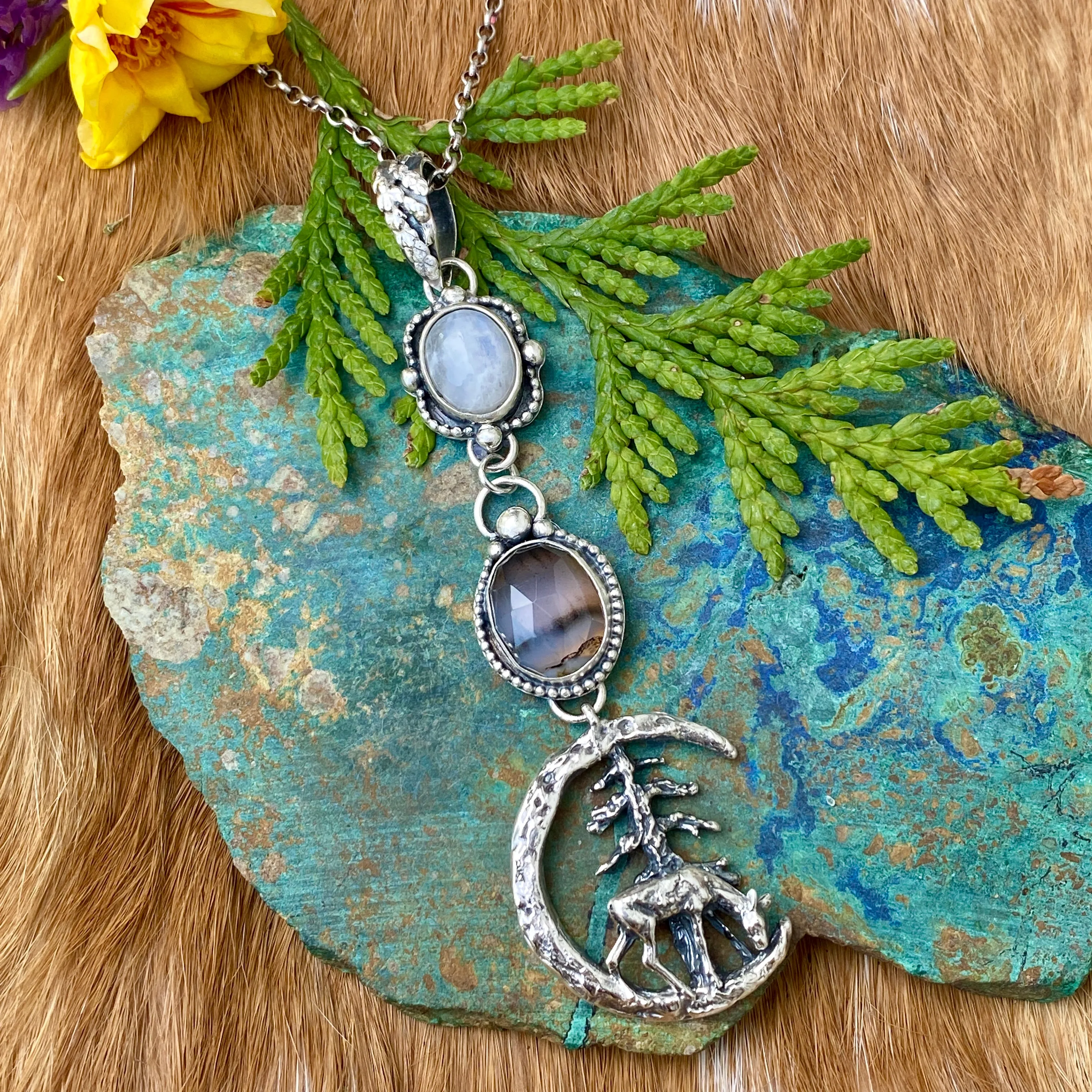 After midnight in the Pines, Deer, moonstone and Montana agate sterling silver necklace