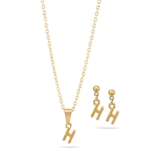 ALPHABET "H" GOLD SMALL PENDANT SHORT NECKLACE AND EARRINGS SET #SWKK-11768HGLD (LE21)