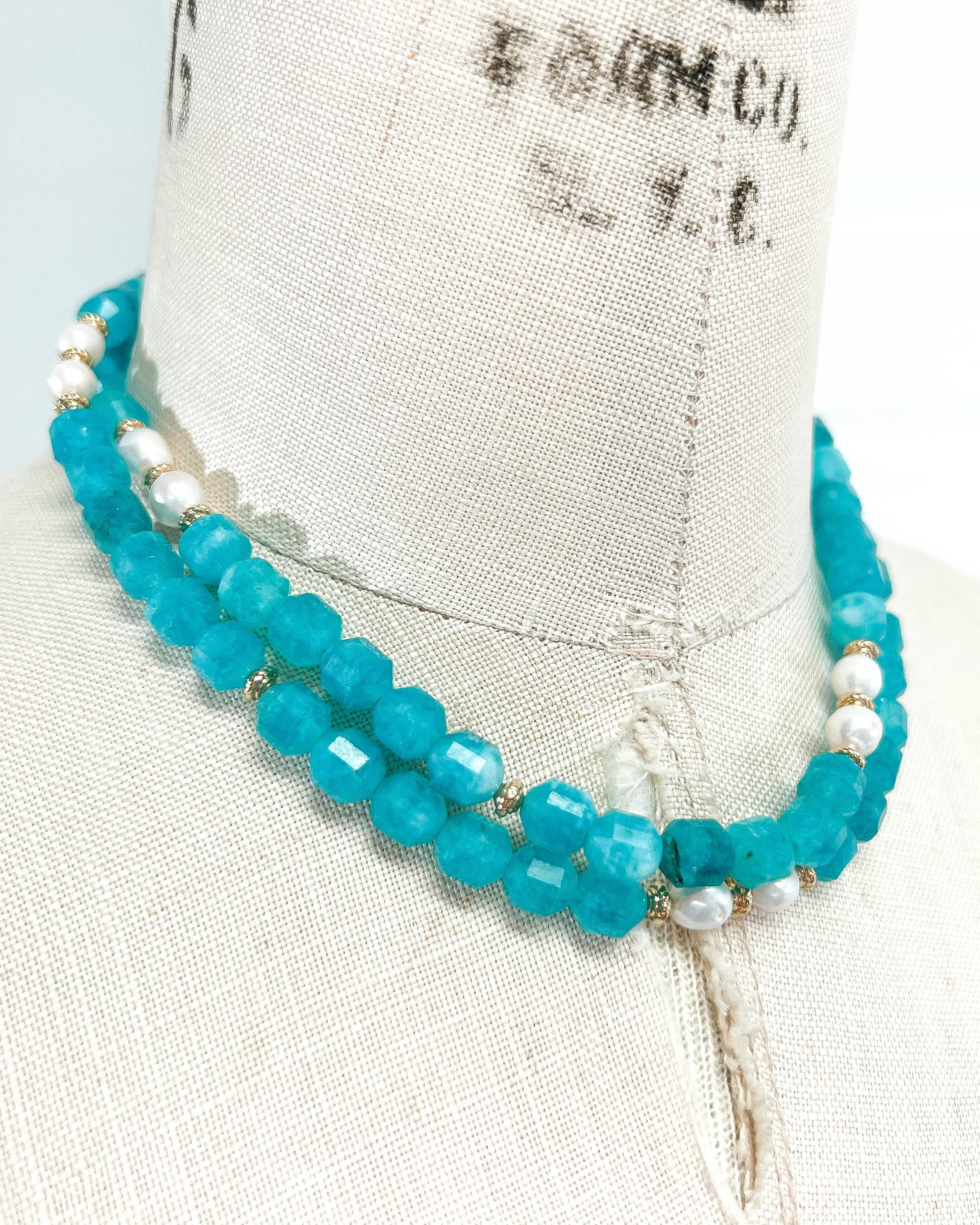 Amazonite & White Freshwater Pearl Strand Necklace