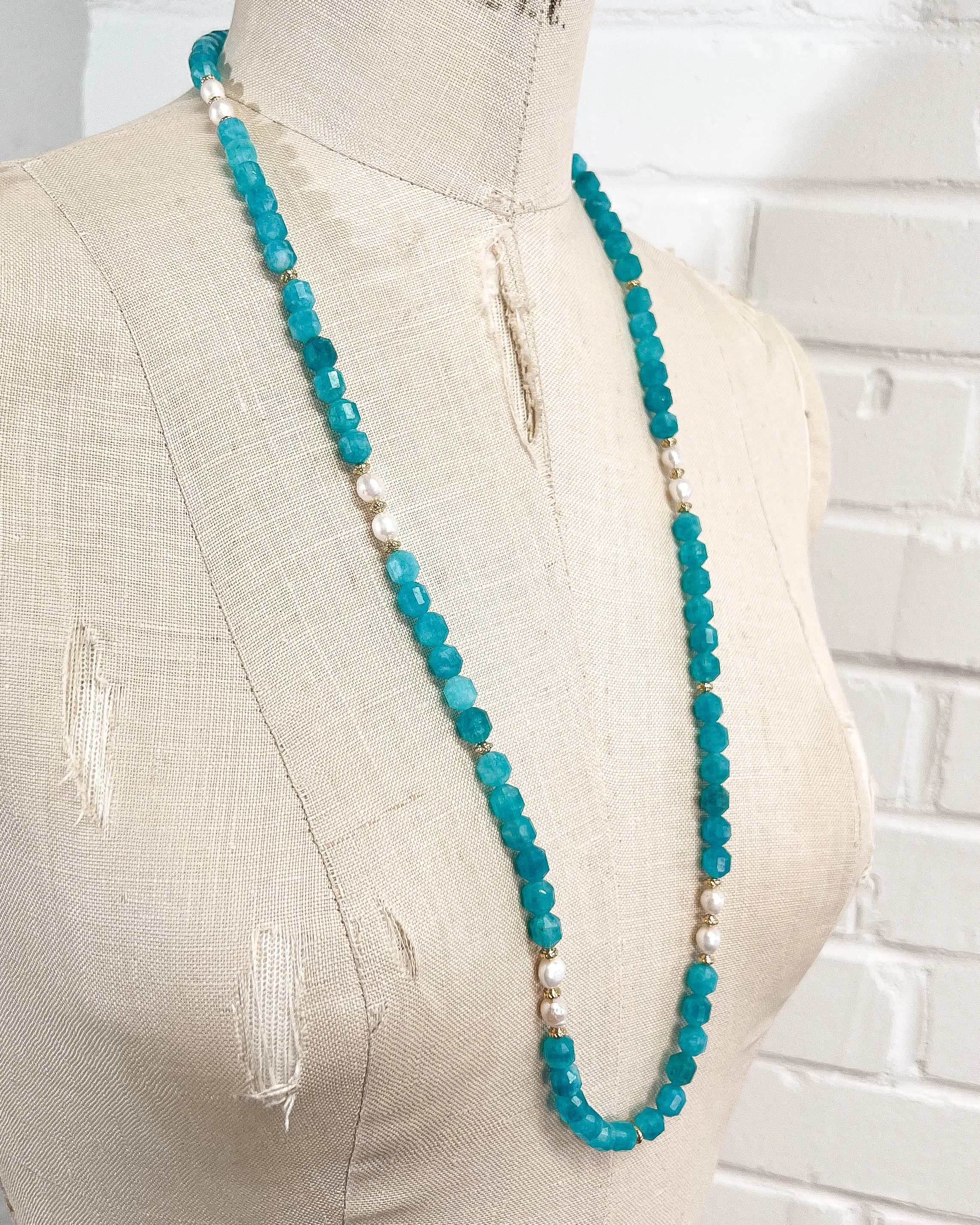 Amazonite & White Freshwater Pearl Strand Necklace