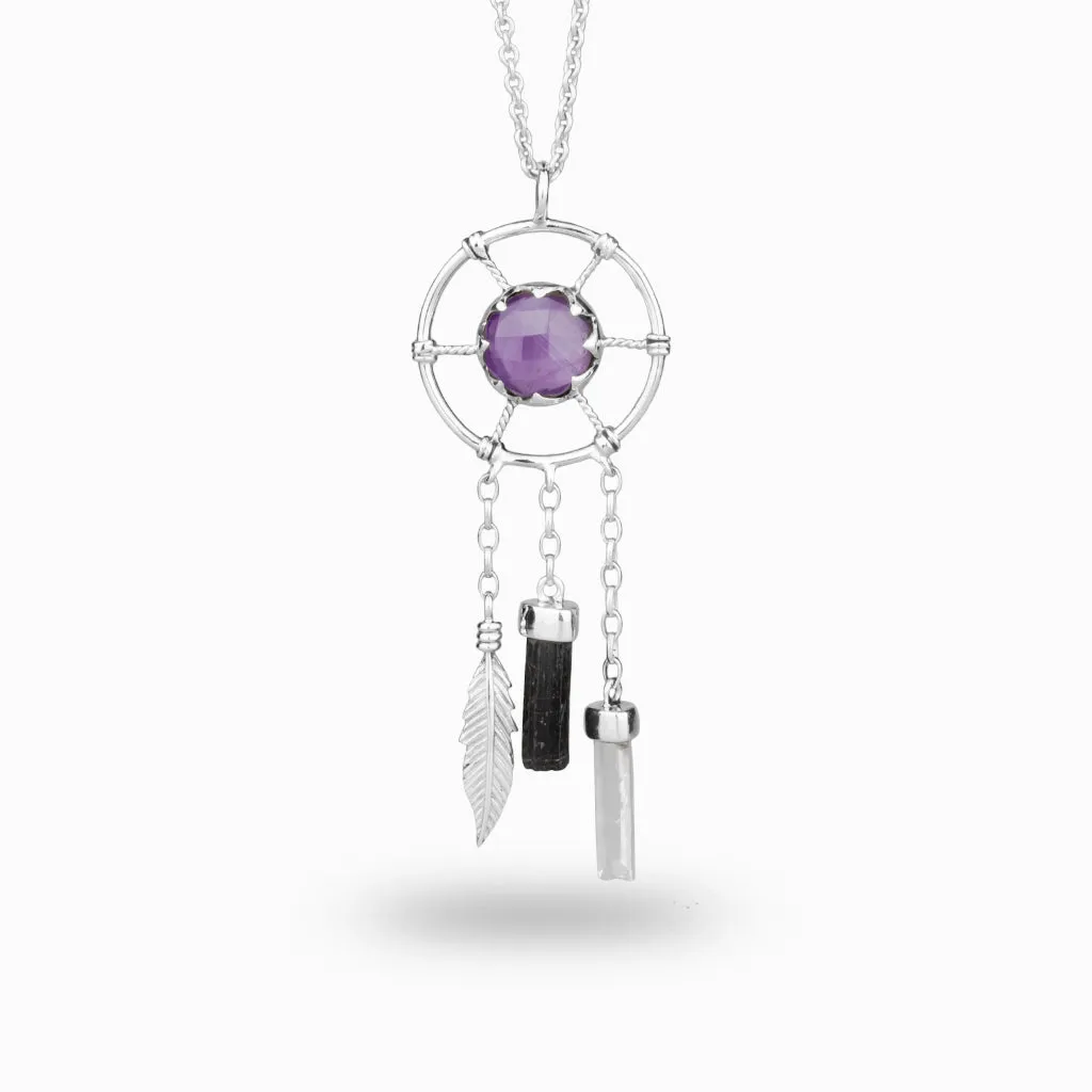 Amethyst, Black Tourmaline & Clear Quartz Dreamcatcher Necklace