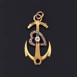Antique Anchor with Diamond Heart Pendant of 18k Gold
