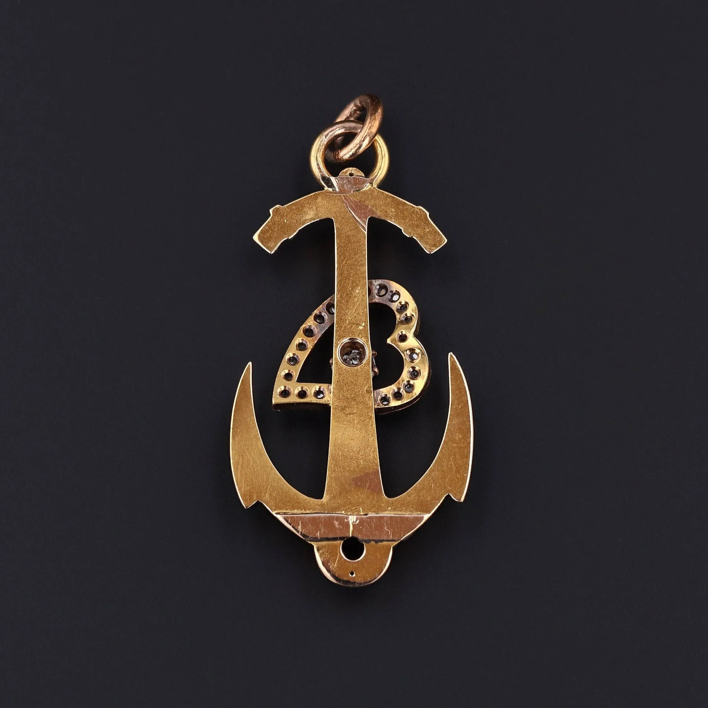 Antique Anchor with Diamond Heart Pendant of 18k Gold