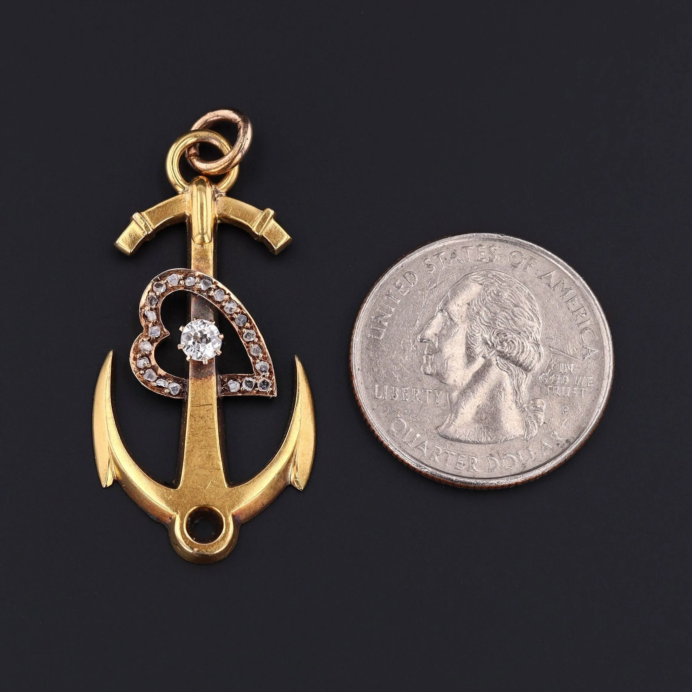Antique Anchor with Diamond Heart Pendant of 18k Gold