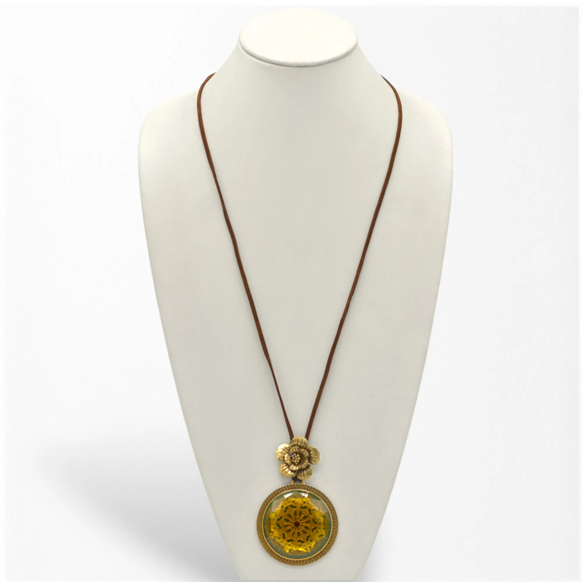 Antique Gold Flower and Green Round Faceted Pendant faux leather chain Necklaces #195TL1401 (2C2)