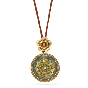 Antique Gold Flower and Green Round Faceted Pendant faux leather chain Necklaces #195TL1401 (2C2)