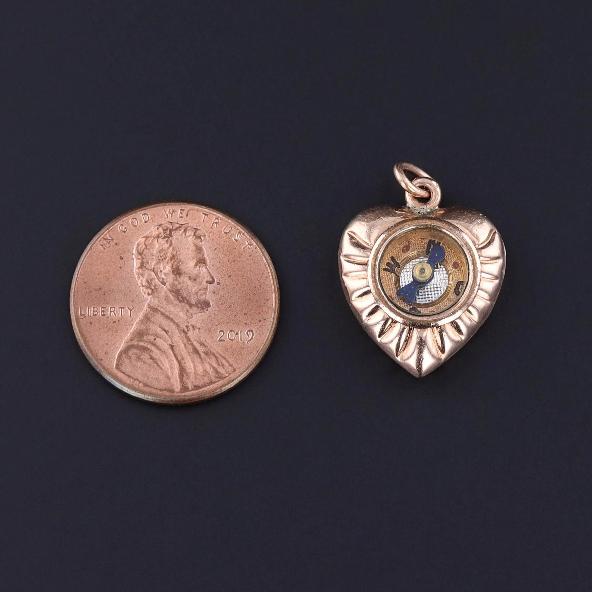 Antique Heart Compass Charm of 12k Gold