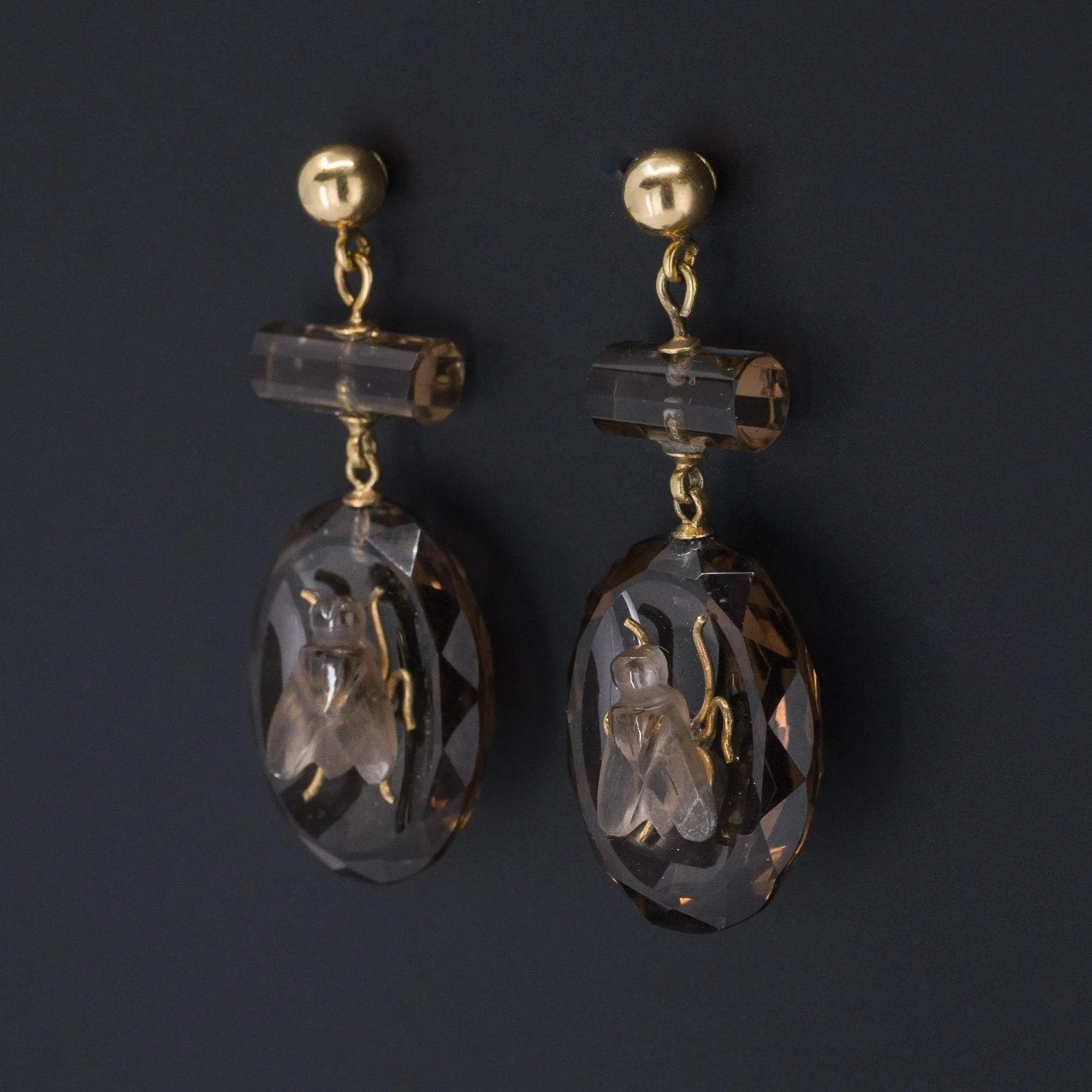 Antique Smokey Quartz Fly Earrings | Antique Earrings
