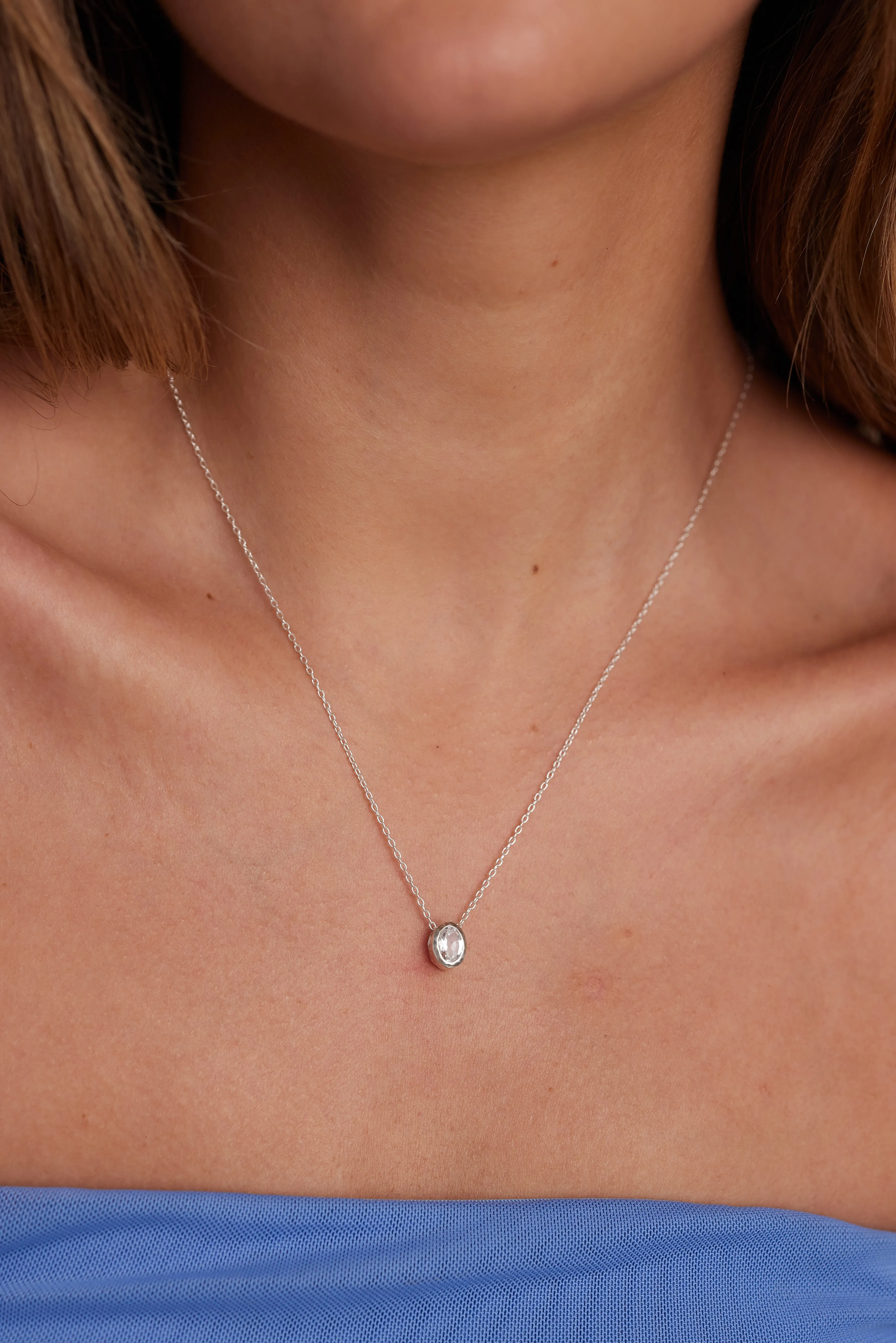 April Topaz Silver Oval Birthstone Necklace