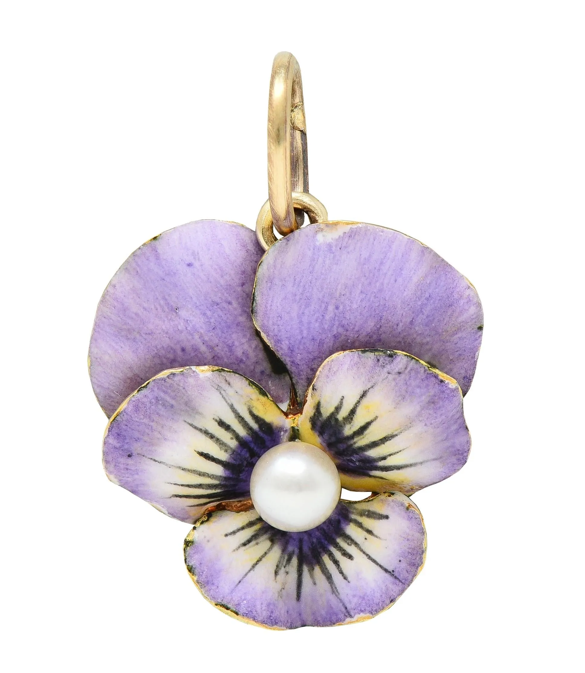 Art Nouveau Pearl Enamel 14 Karat Yellow Gold Antique Pansy Flower Charm