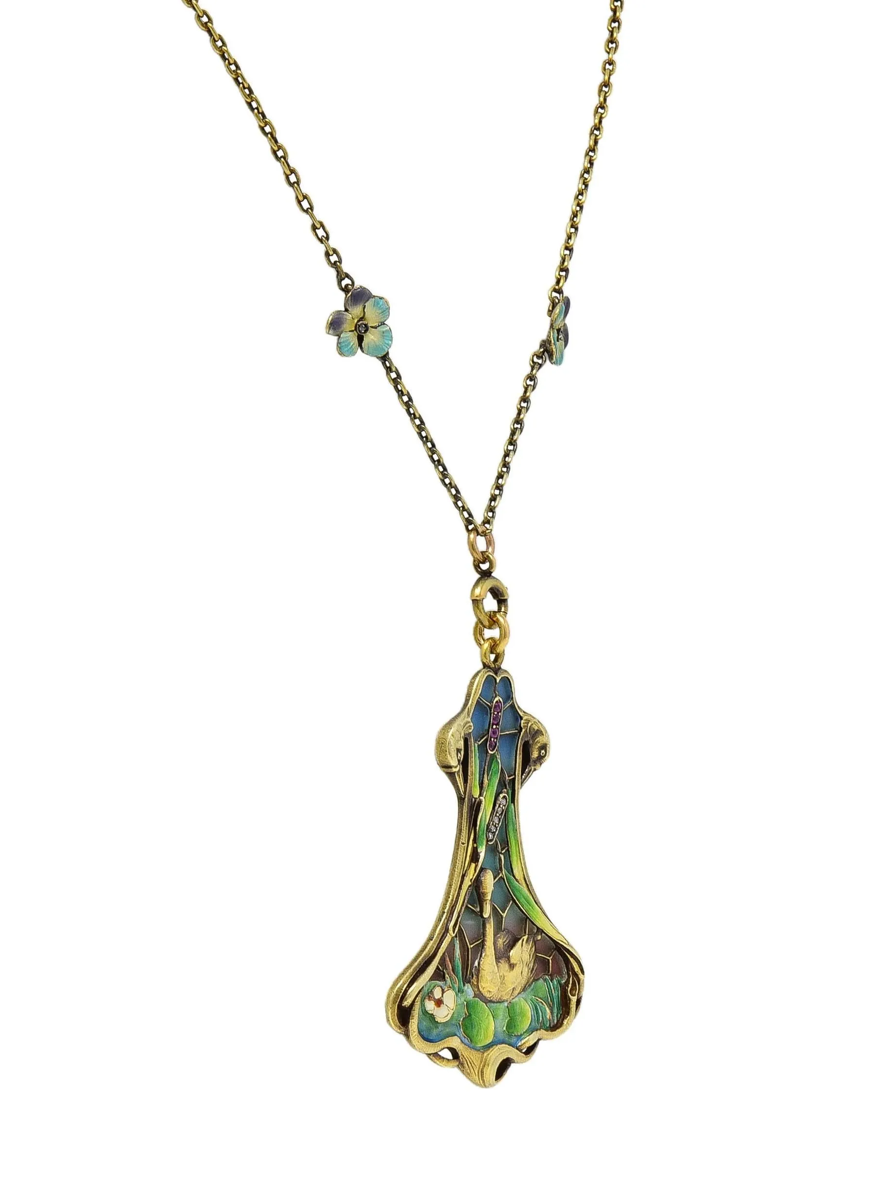 Art Nouveau Plique-A-Jour Enamel 14 Karat Gold Antique Swan Bird Lake Lily Pad Pendant Necklace