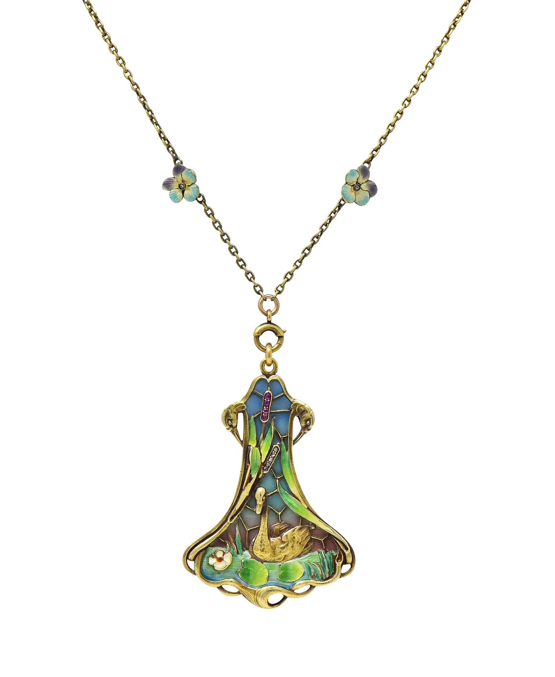 Art Nouveau Plique-A-Jour Enamel 14 Karat Gold Antique Swan Bird Lake Lily Pad Pendant Necklace
