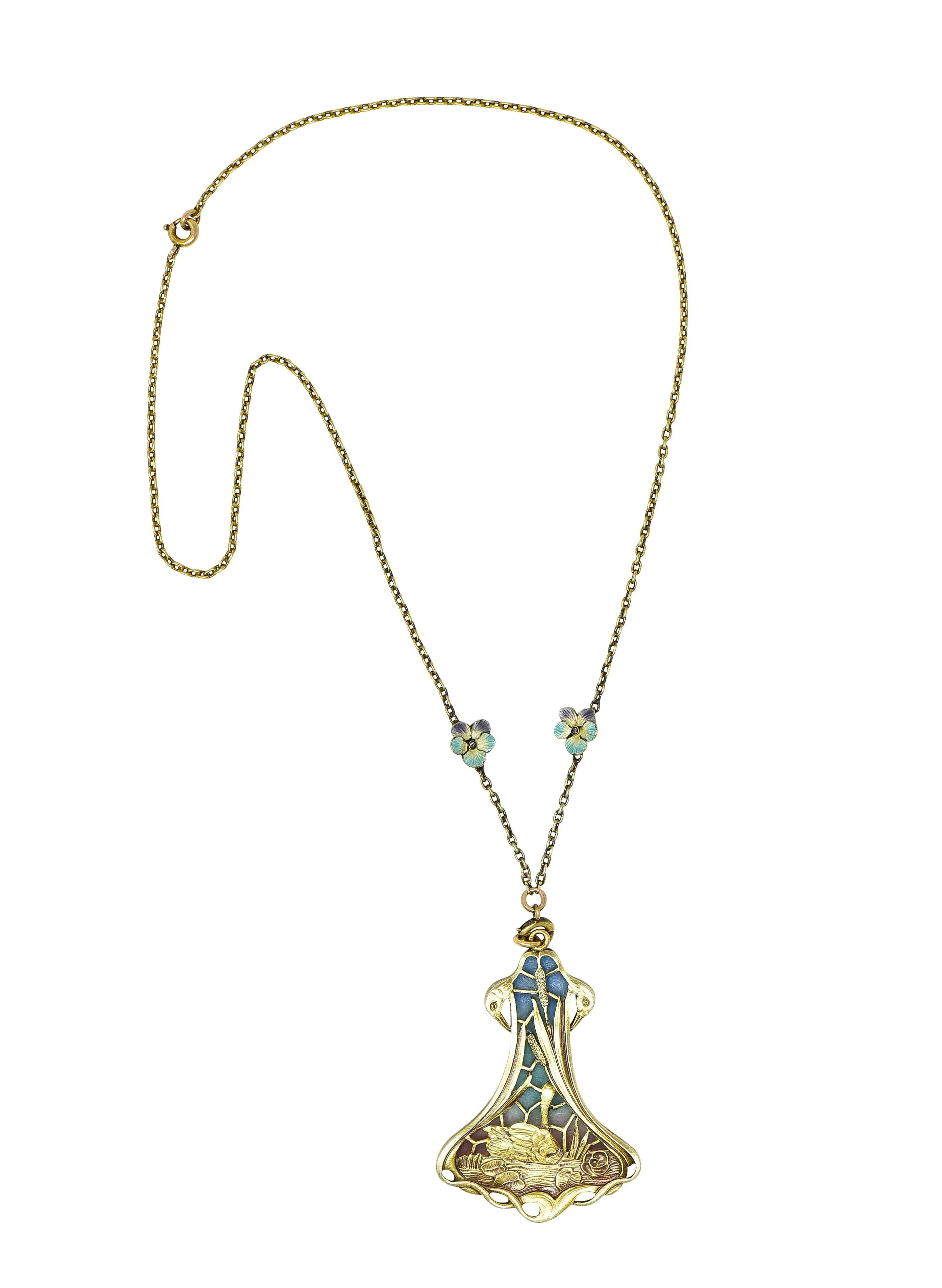 Art Nouveau Plique-A-Jour Enamel 14 Karat Gold Antique Swan Bird Lake Lily Pad Pendant Necklace