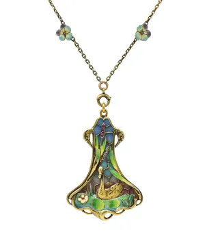 Art Nouveau Plique-A-Jour Enamel 14 Karat Gold Antique Swan Bird Lake Lily Pad Pendant Necklace