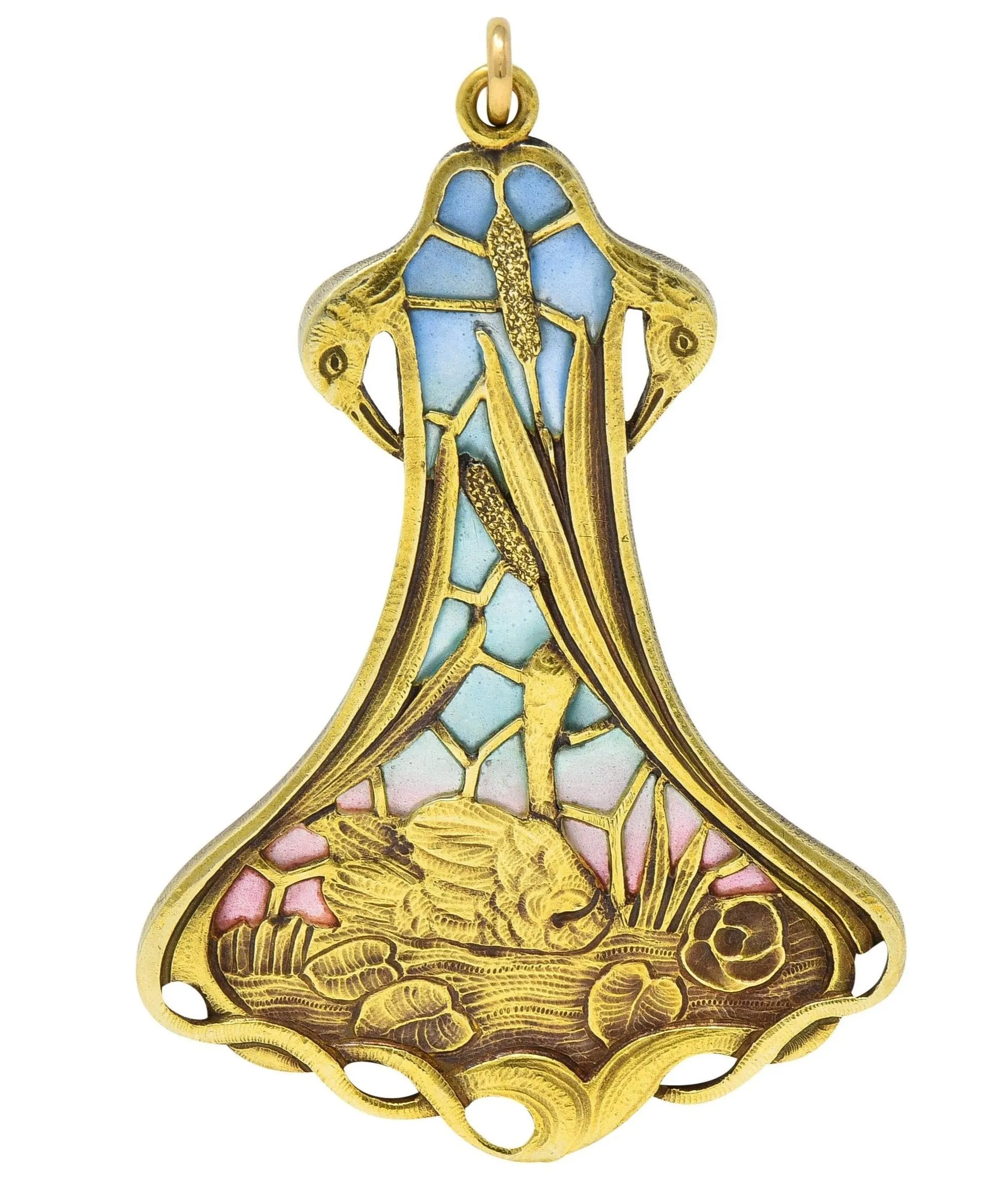 Art Nouveau Plique-A-Jour Enamel 14 Karat Gold Antique Swan Bird Lake Lily Pad Pendant Necklace