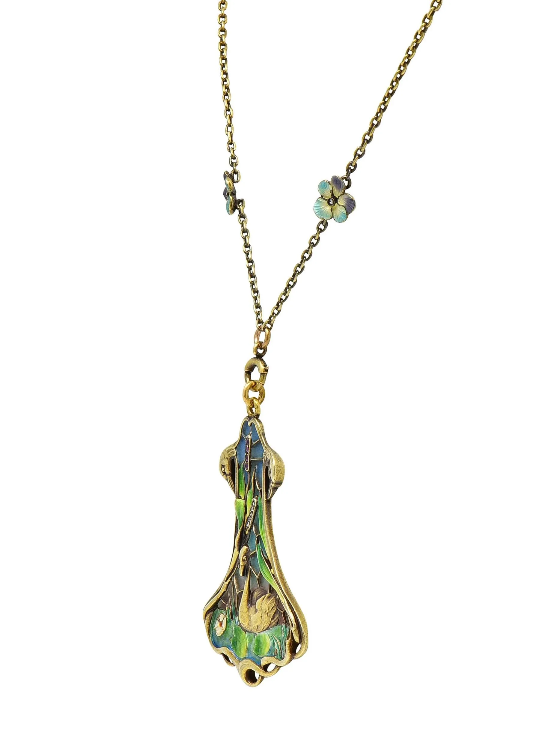 Art Nouveau Plique-A-Jour Enamel 14 Karat Gold Antique Swan Bird Lake Lily Pad Pendant Necklace