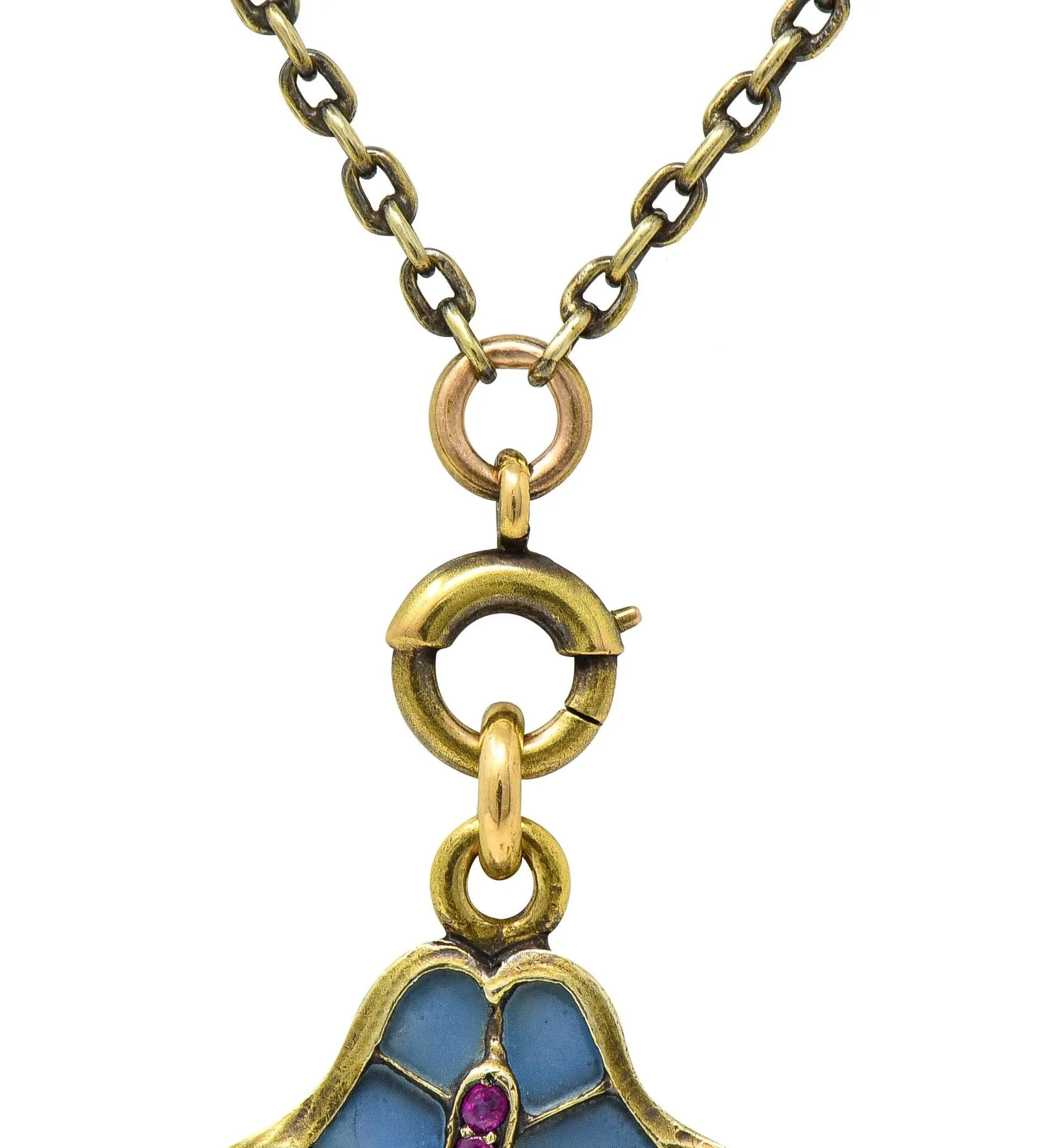Art Nouveau Plique-A-Jour Enamel 14 Karat Gold Antique Swan Bird Lake Lily Pad Pendant Necklace
