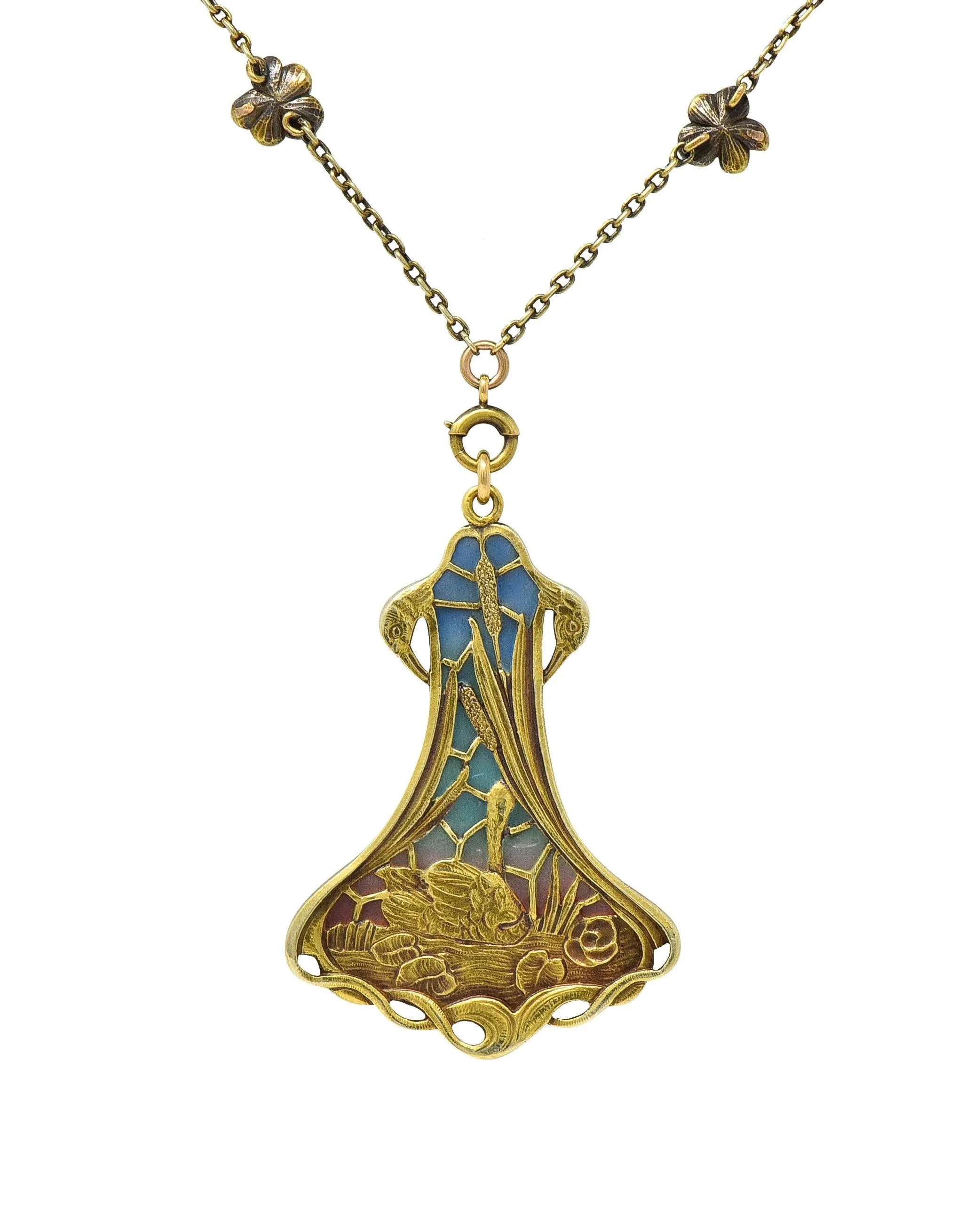 Art Nouveau Plique-A-Jour Enamel 14 Karat Gold Antique Swan Bird Lake Lily Pad Pendant Necklace