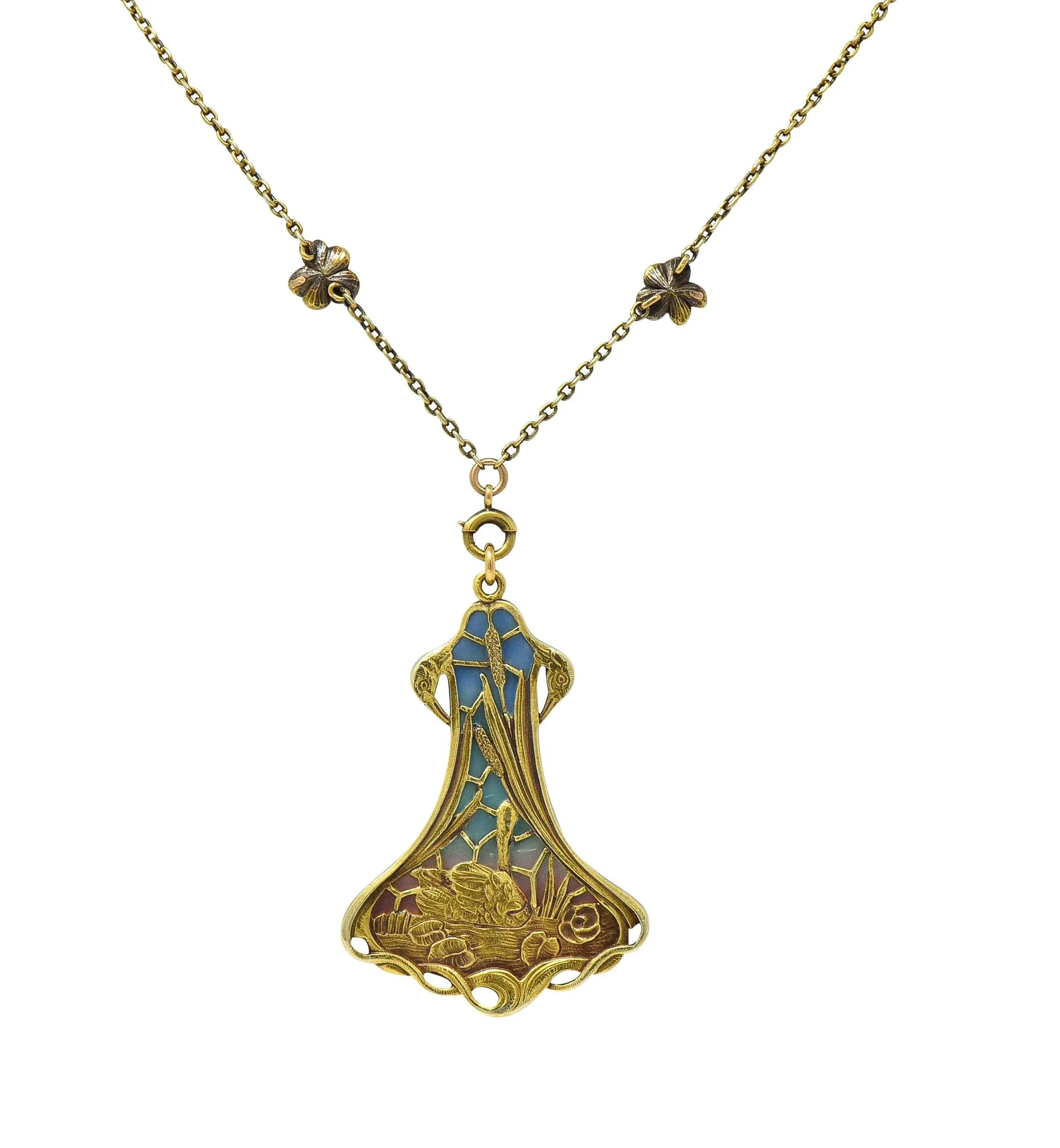 Art Nouveau Plique-A-Jour Enamel 14 Karat Gold Antique Swan Bird Lake Lily Pad Pendant Necklace