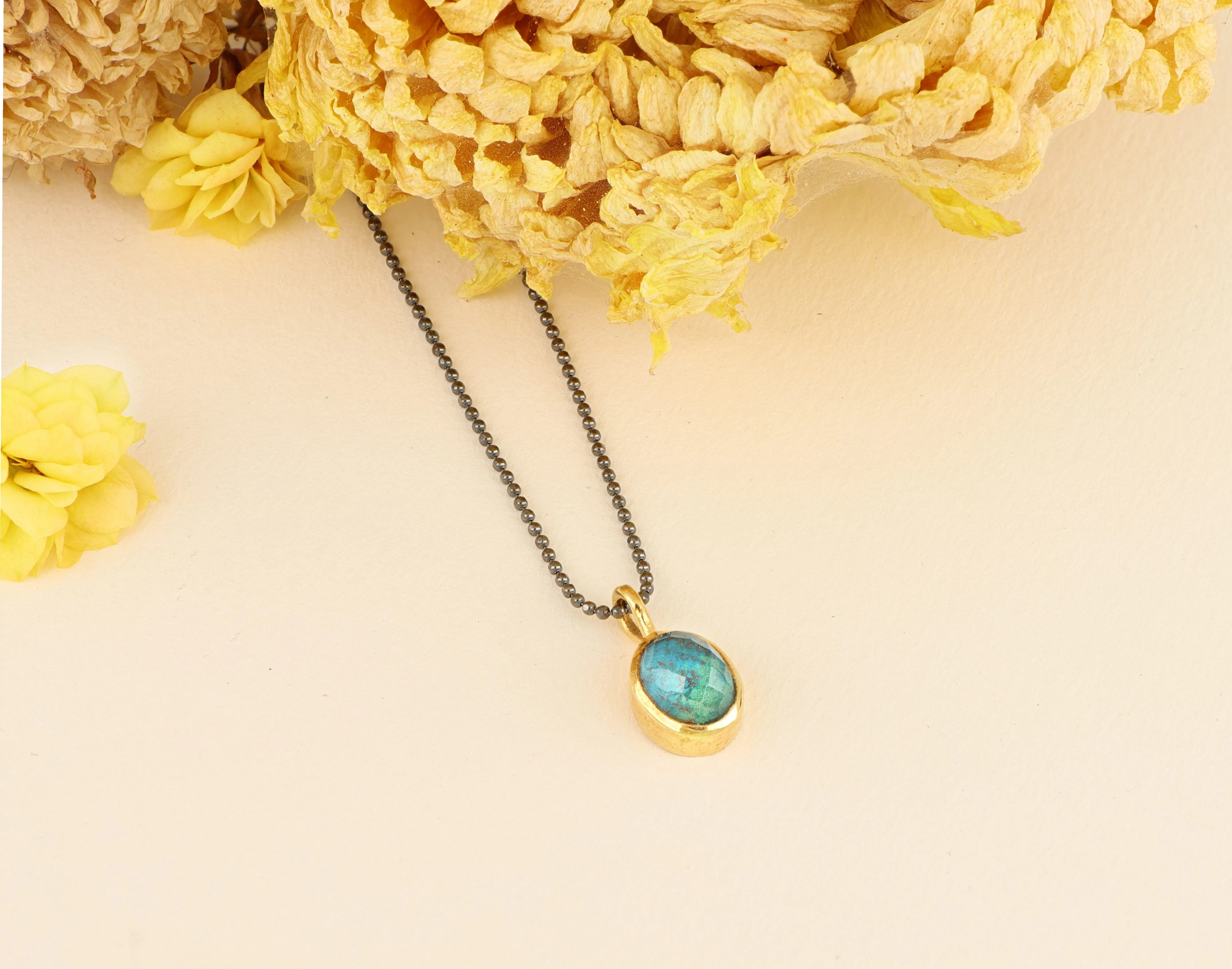 Athena small gold oval necklace with Chrysocolla