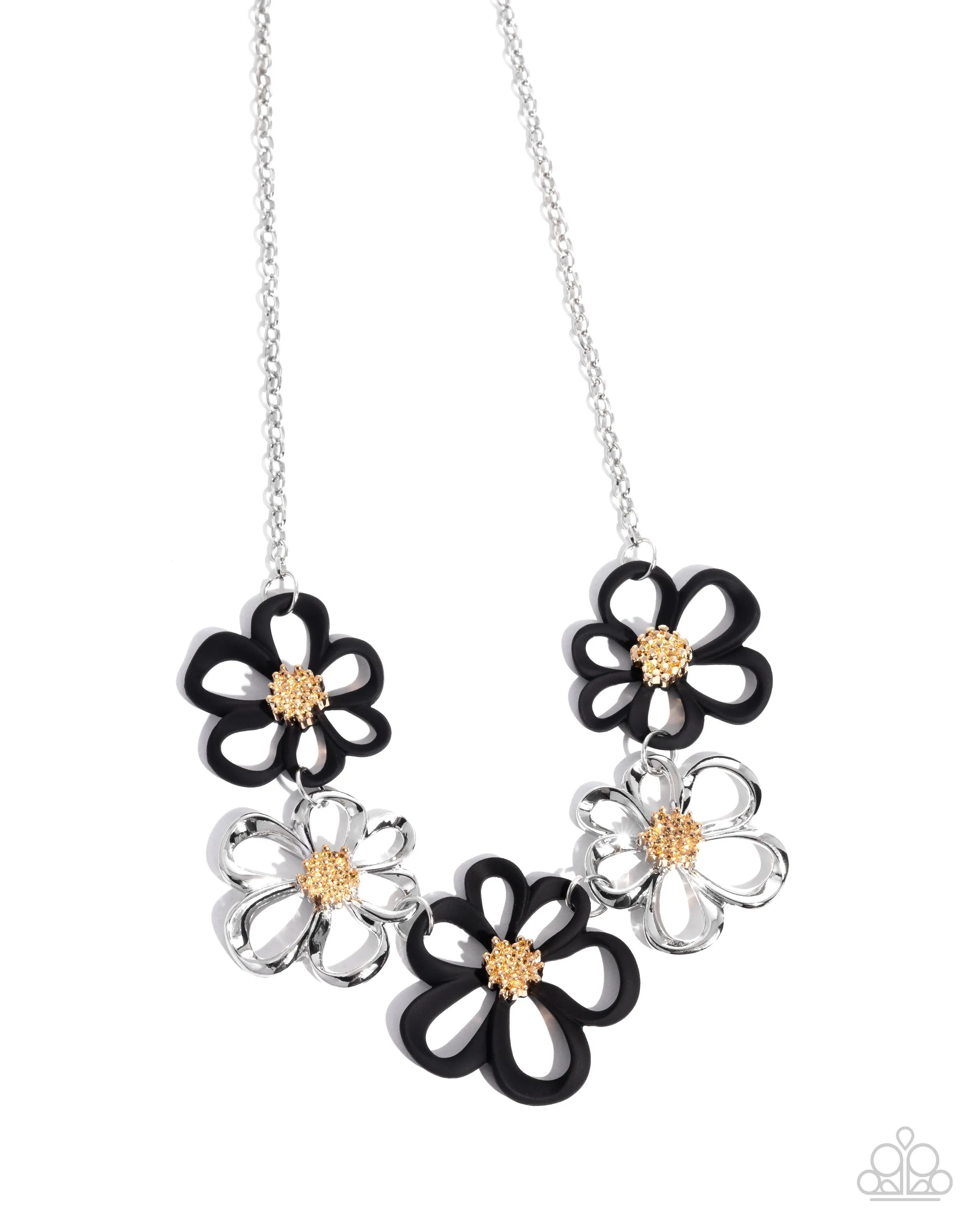 Beau Bouquet - Black - and Silver Flower Gold Center Paparazzi Short Necklace