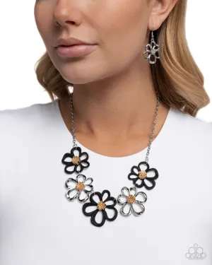 Beau Bouquet - Black - and Silver Flower Gold Center Paparazzi Short Necklace