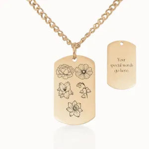 Birth Flower Garden Tag Pendant on Cuban Chain