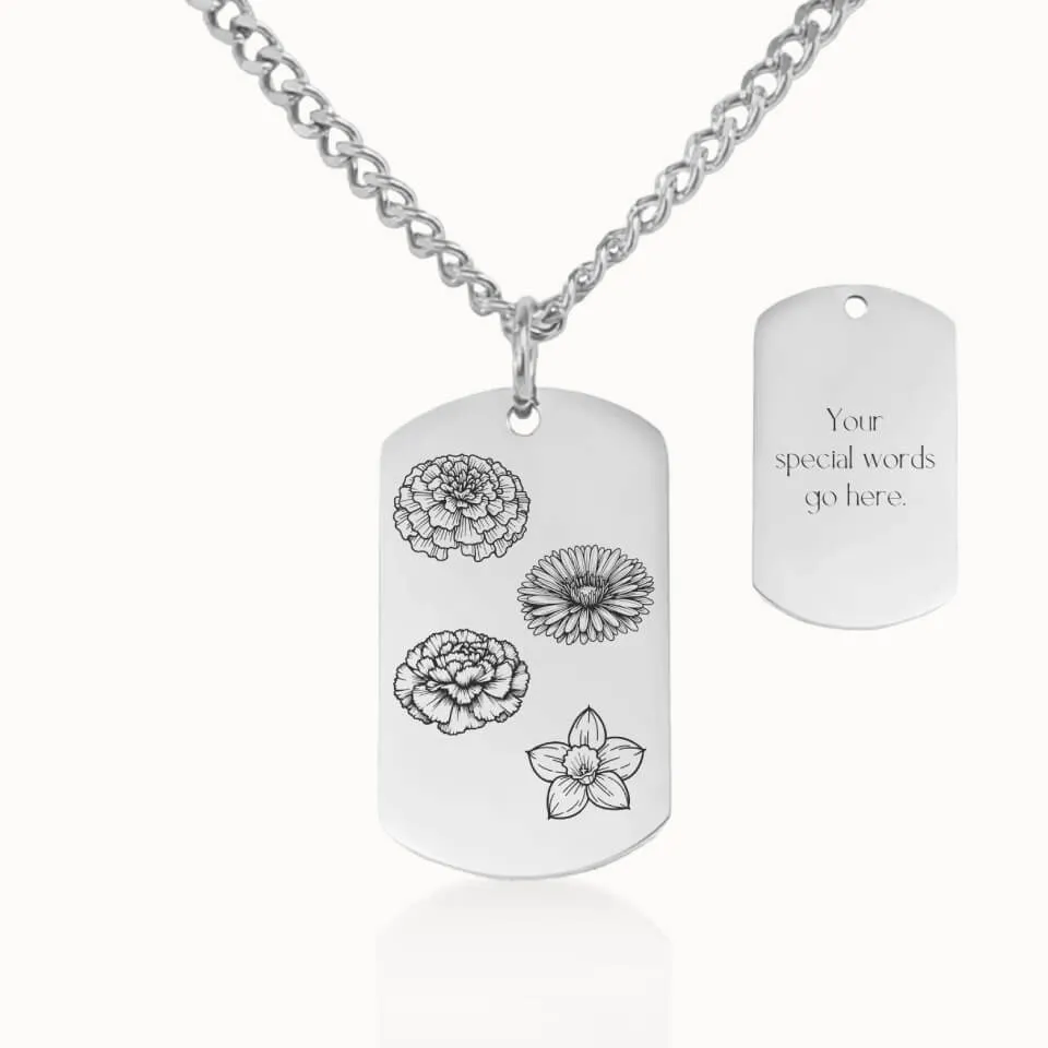 Birth Flower Garden Tag Pendant on Cuban Chain