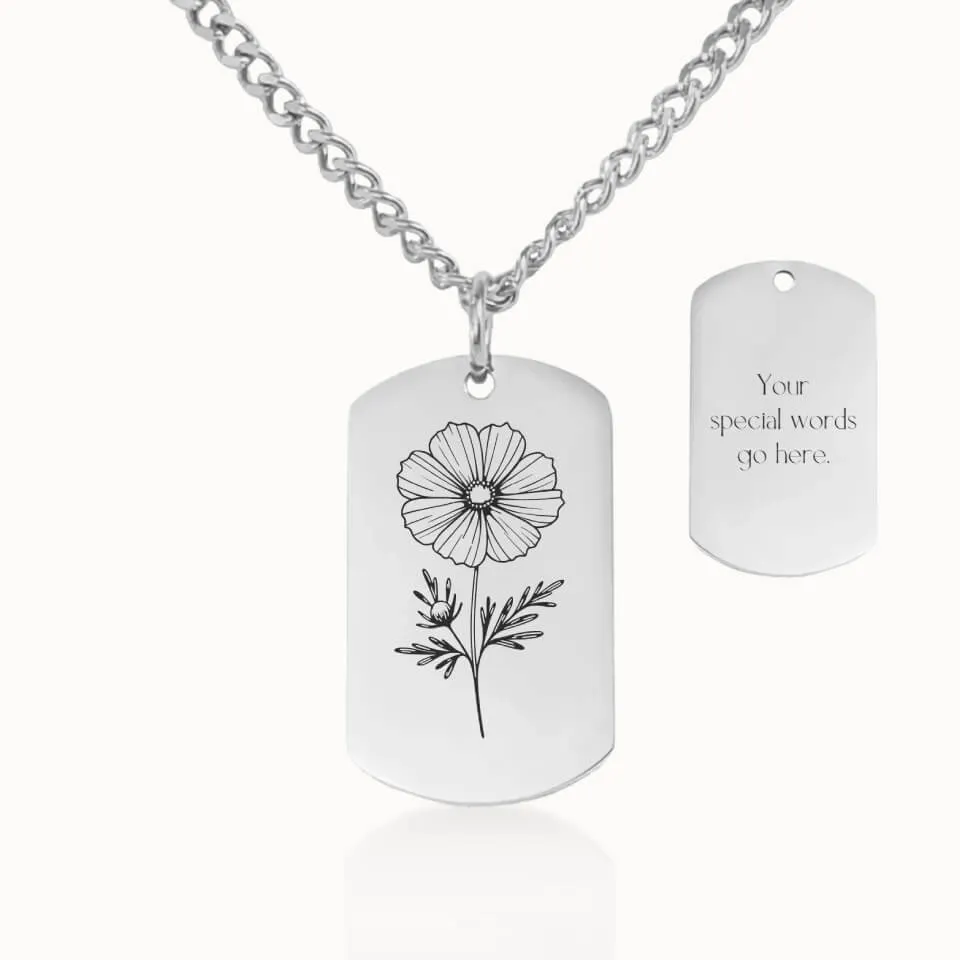 Birth Flower Tag Pendant on Cuban Chain