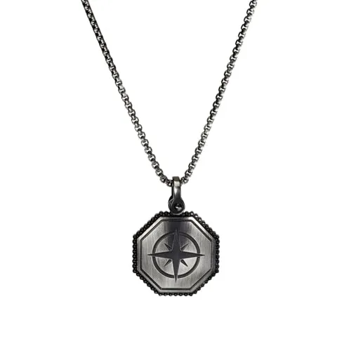 Blaze Stainless Steel Men’s Compass Rose Pendant Necklace In Antique Finish