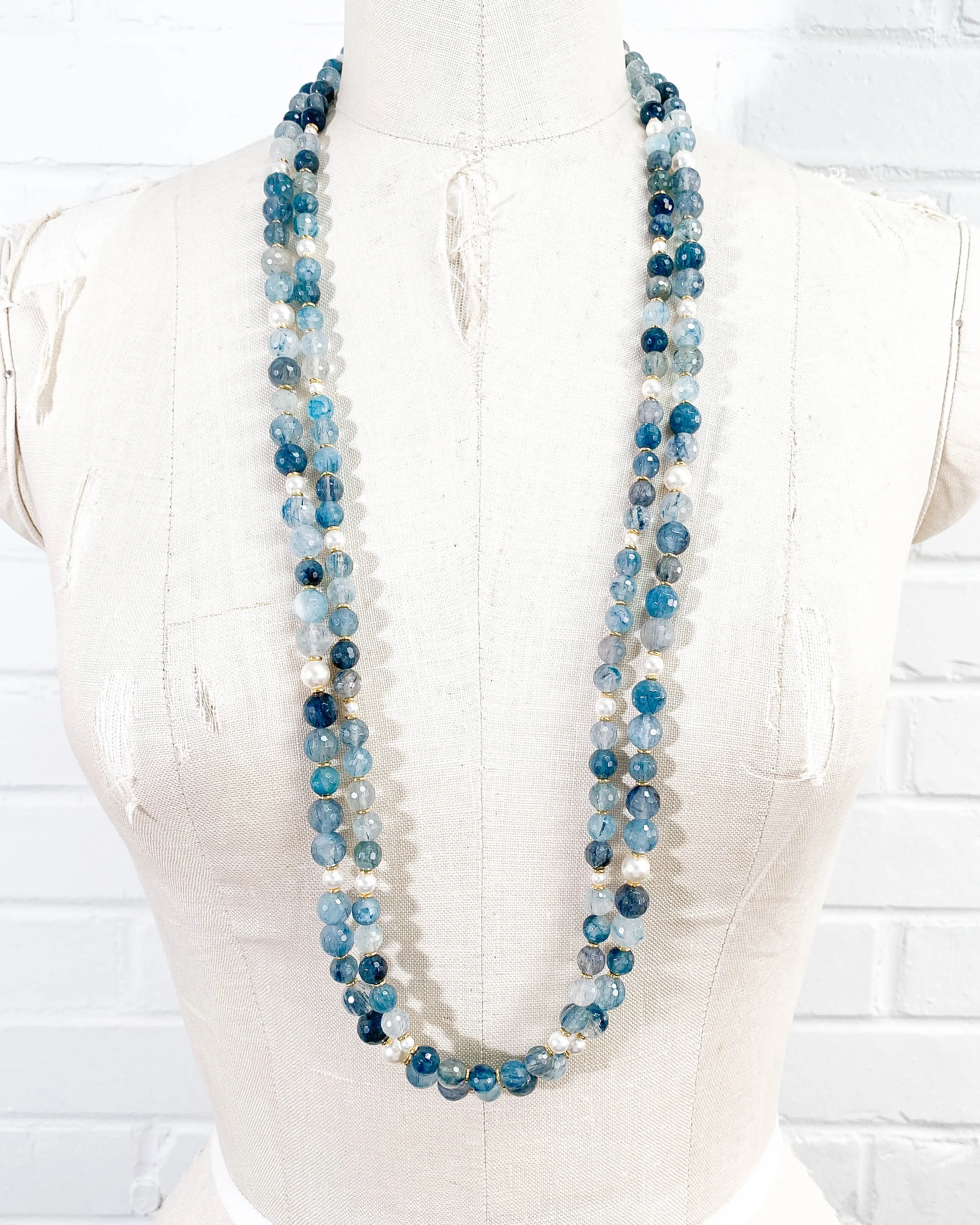 Blue Rutilated Quartz & Swarovski Glass Pearl Double Strand Necklace