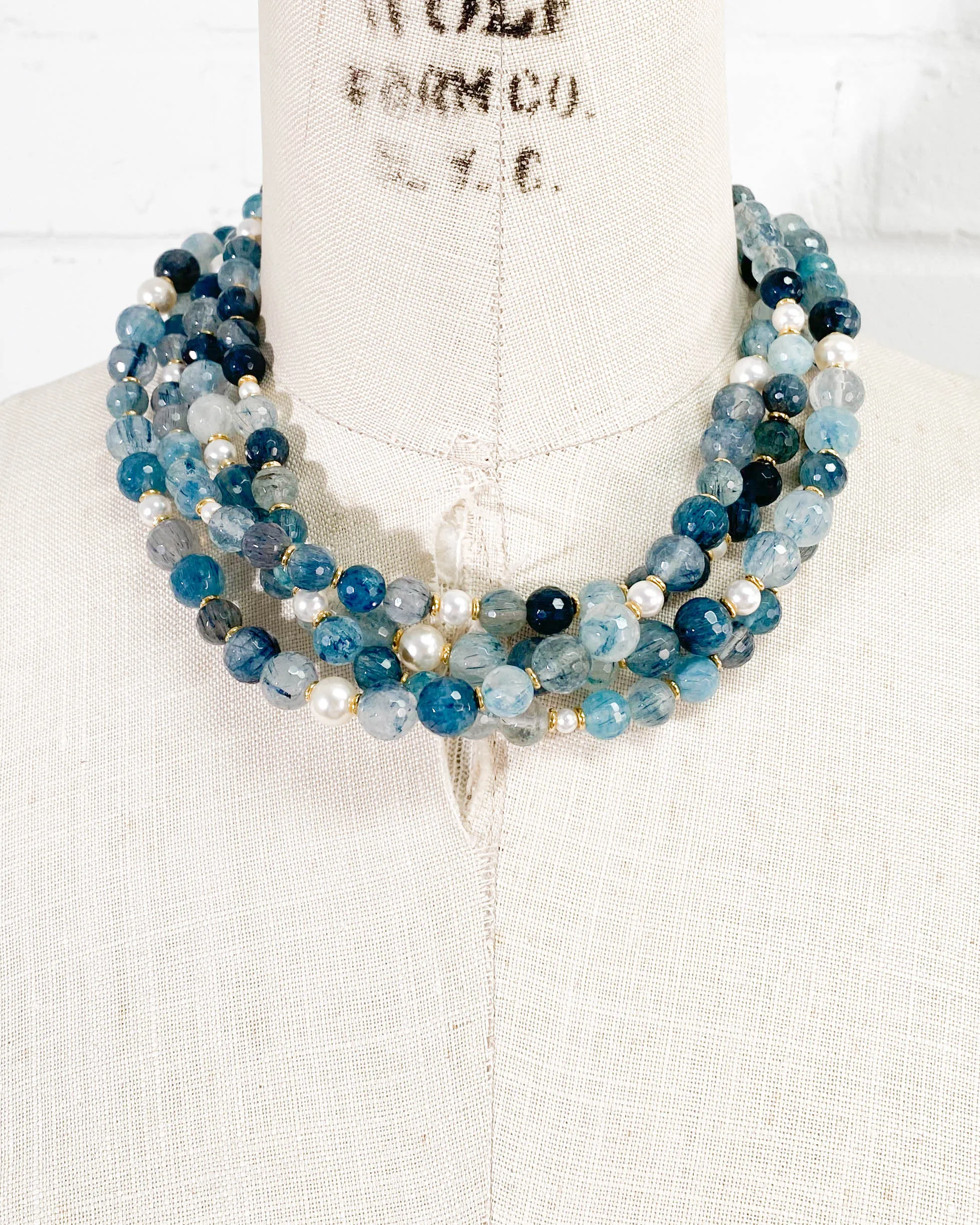 Blue Rutilated Quartz & Swarovski Glass Pearl Double Strand Necklace