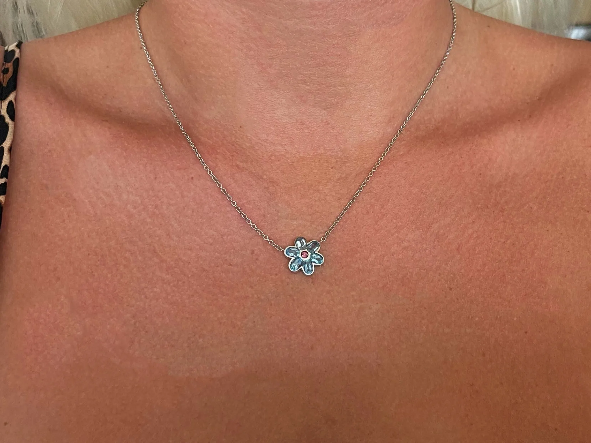 Blue Topaz and Pink Tourmaline Flower Necklace in 14k White Gold