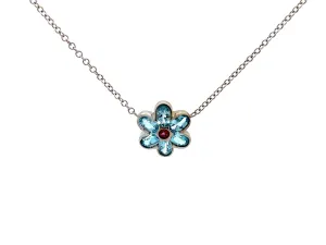 Blue Topaz and Pink Tourmaline Flower Necklace in 14k White Gold