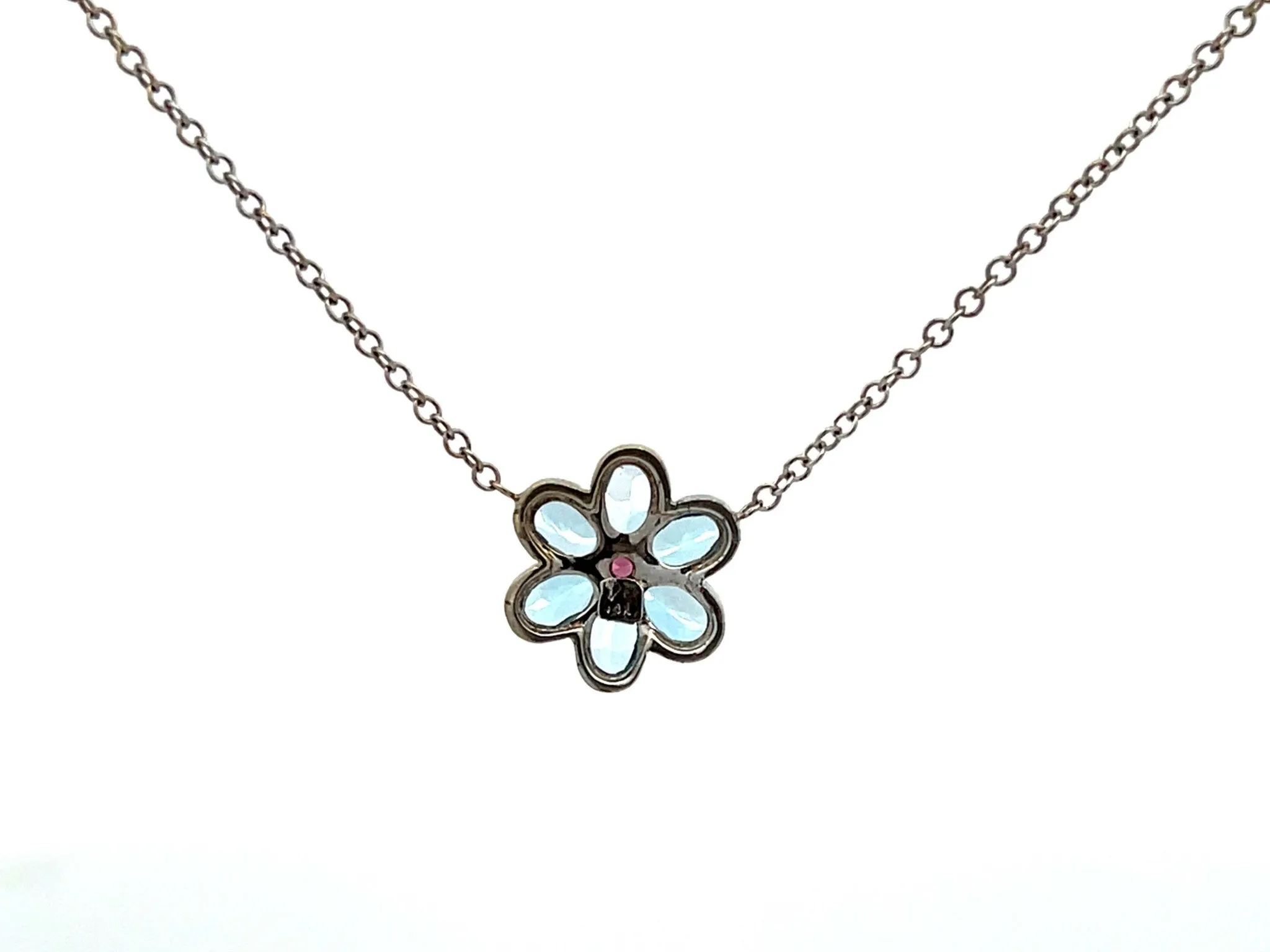 Blue Topaz and Pink Tourmaline Flower Necklace in 14k White Gold