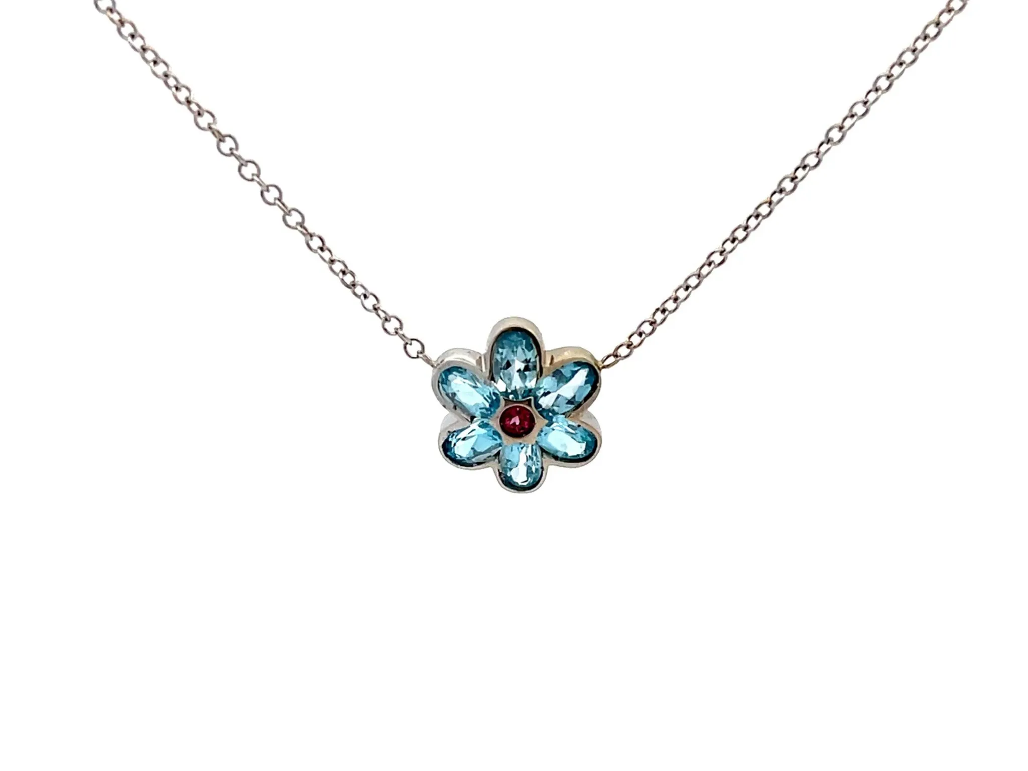 Blue Topaz and Pink Tourmaline Flower Necklace in 14k White Gold