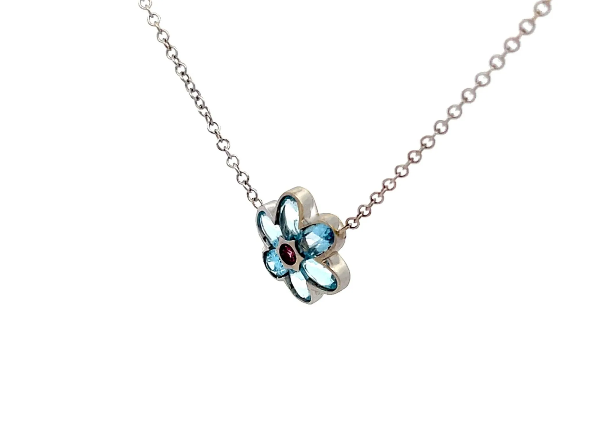 Blue Topaz and Pink Tourmaline Flower Necklace in 14k White Gold