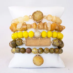Boho & Mala Yellow Mix Stone Elastic Bracelet Stackable Sets BS1024