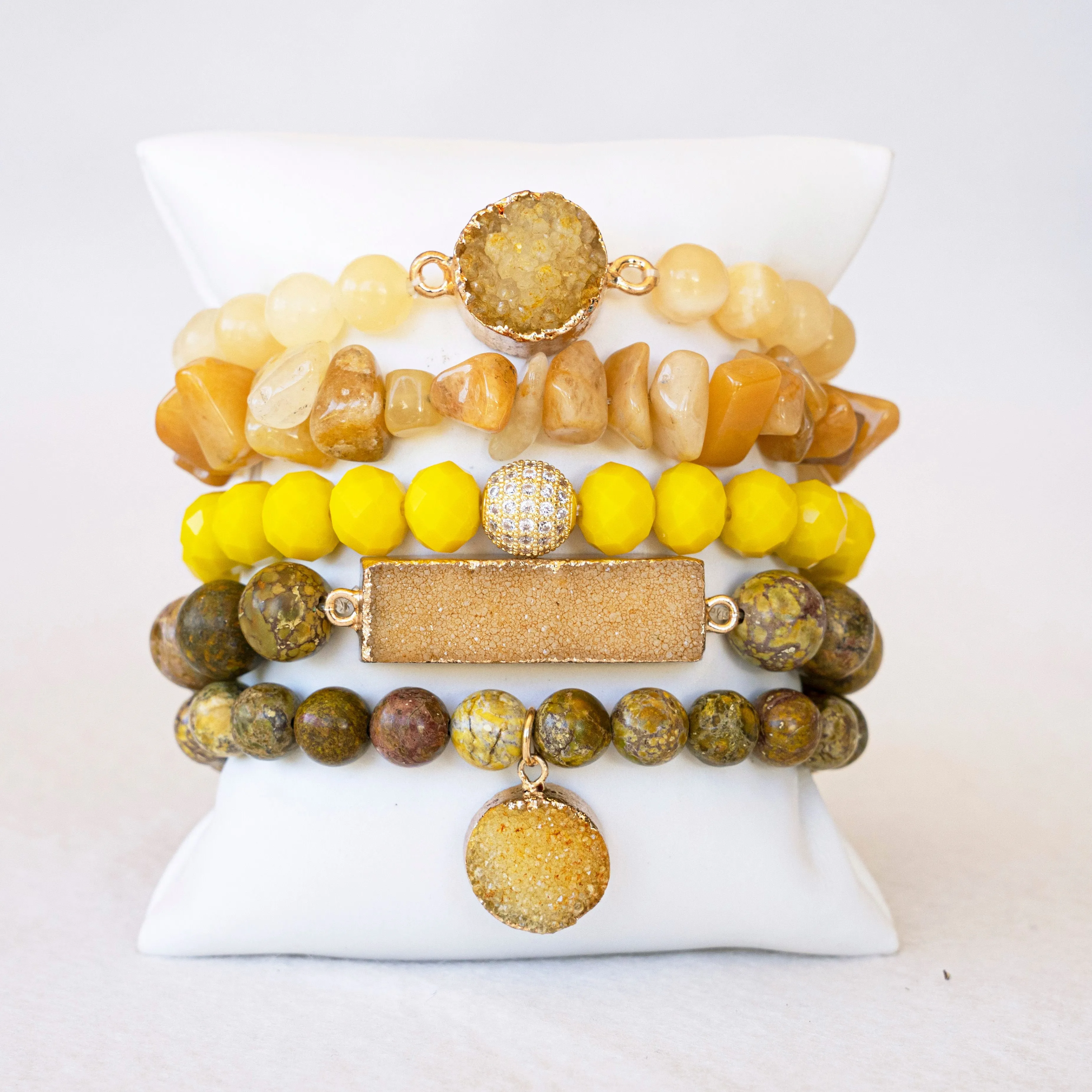 Boho & Mala Yellow Mix Stone Elastic Bracelet Stackable Sets BS1024