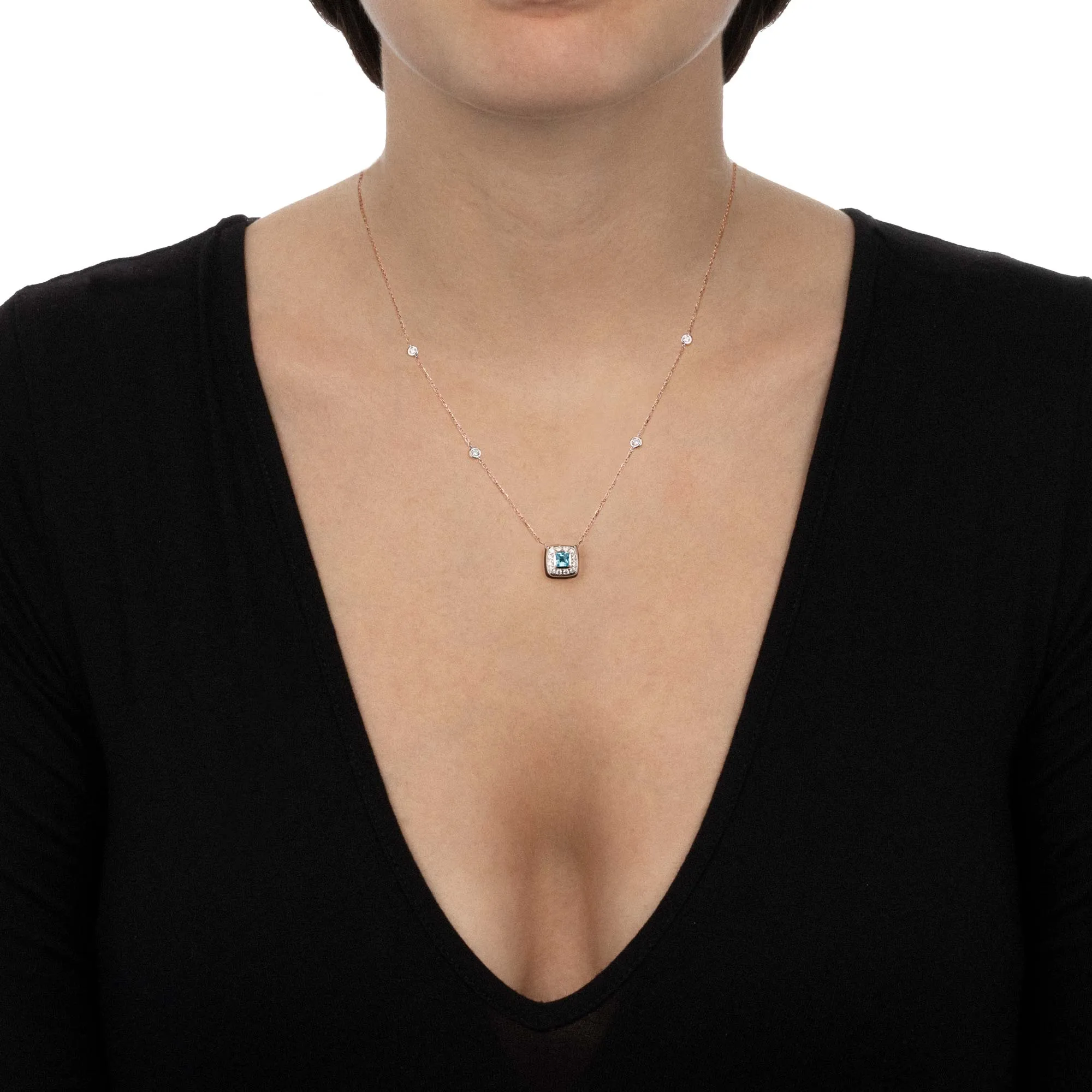 Bonbon Necklace Square With Blue Topaz, Smoky Quartz And Diamonds