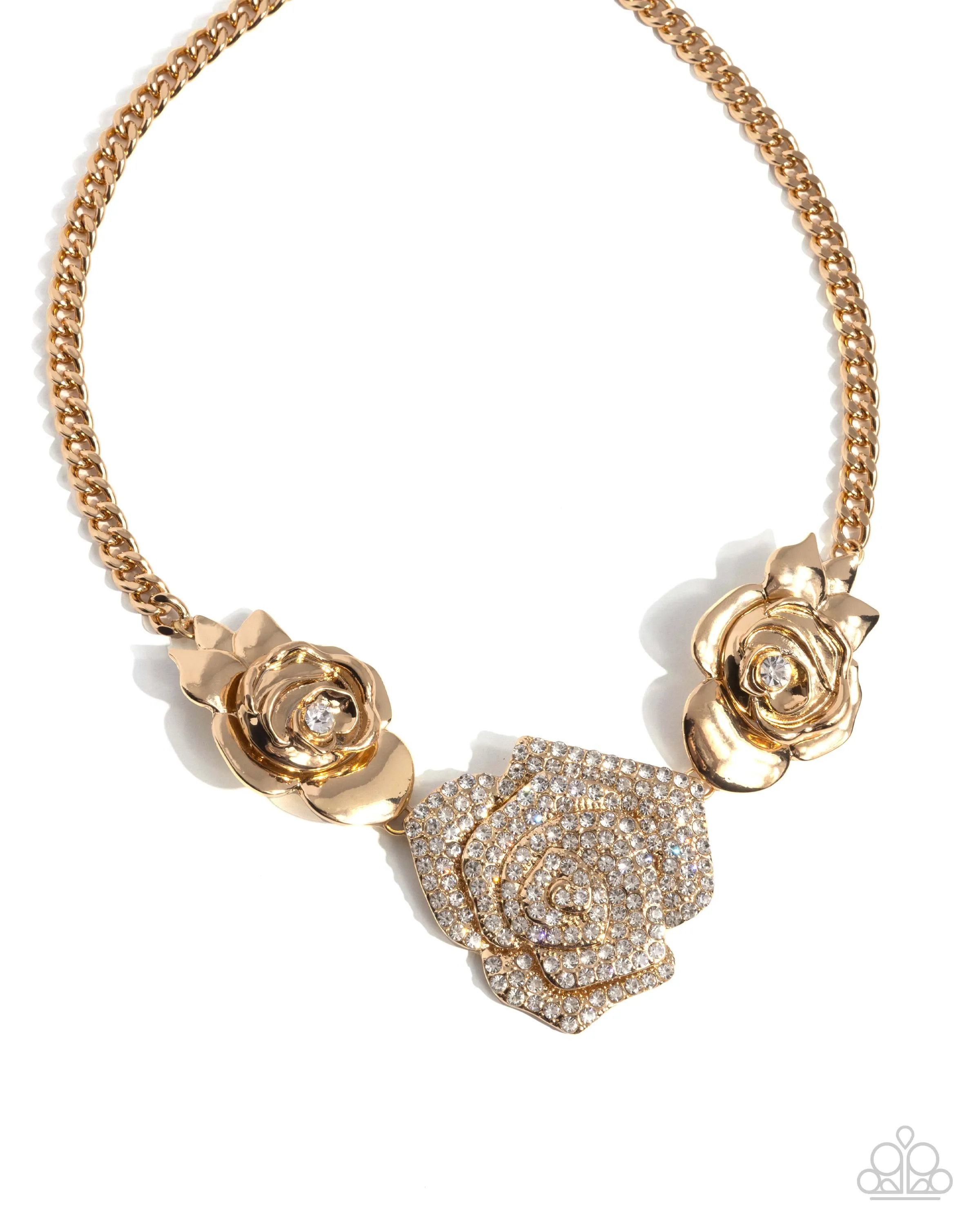 Bouquet Beacon - Gold - White Rhinestone Rose Flower Paparazzi Short Necklace