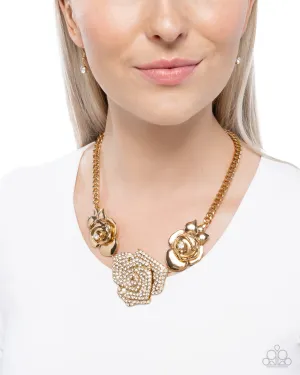 Bouquet Beacon - Gold - White Rhinestone Rose Flower Paparazzi Short Necklace