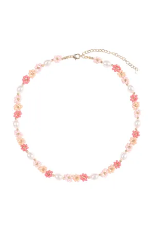 BRASS PEARL FLOWER SEED BEAD NECKLACE