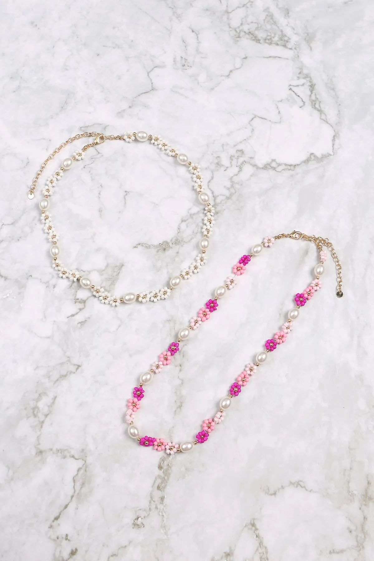 BRASS PEARL FLOWER SEED BEAD NECKLACE