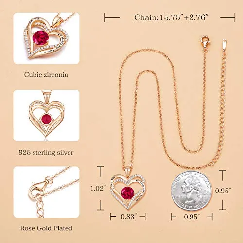 CDE Forever Love Heart Necklace 925 Sterling Silver Rose Gold Plated January Birthstone Pendant Necklaces for Women with 5A Cubic Zirconia Jewelry Birthday Gift
