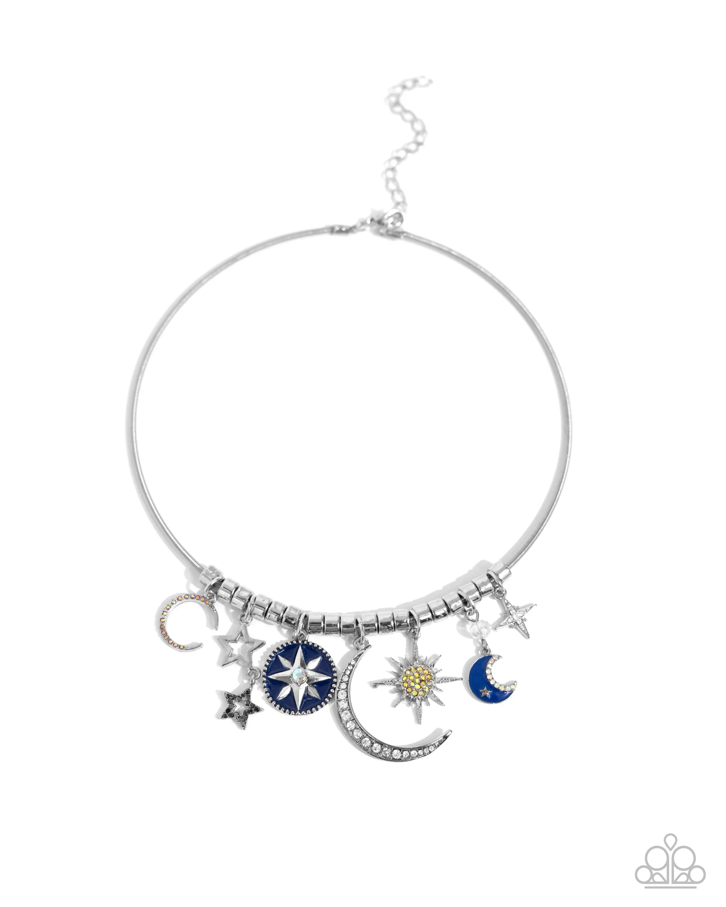 Celestial Ceremony - Multi - Painted Blue and Iridescent and Yellow Rhinestone Star, Sun, and Moon Charm Paparazzi Short Necklace